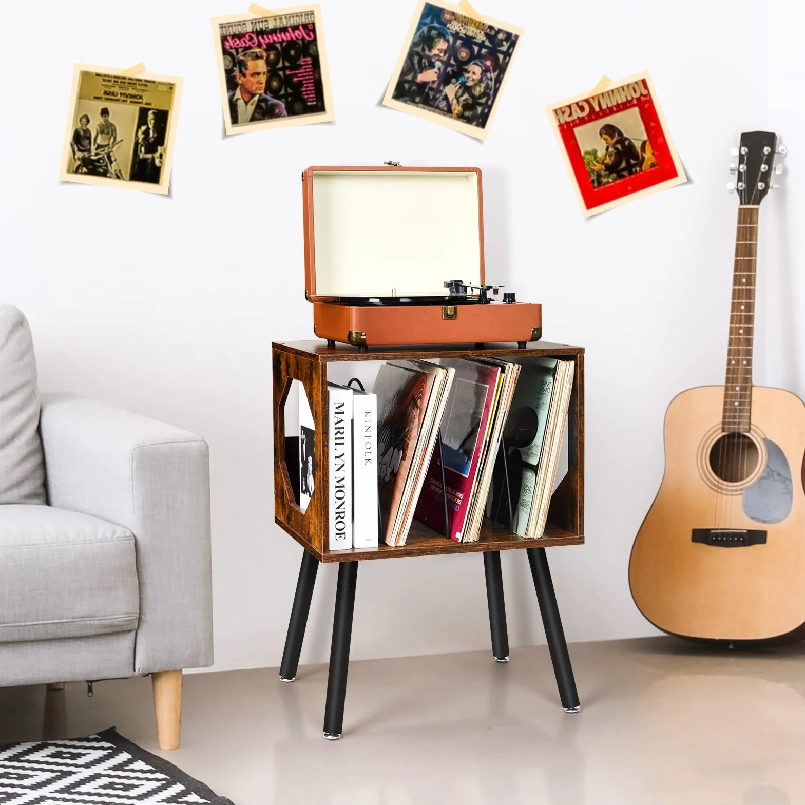 ikkle Support Rustique pour Platine Vinyle avec Pieds en Métal, Pouvant Contenir 150 Disques, Table de Rangement pour Disques Vinyles pour Chambre ou Salon (Marron)