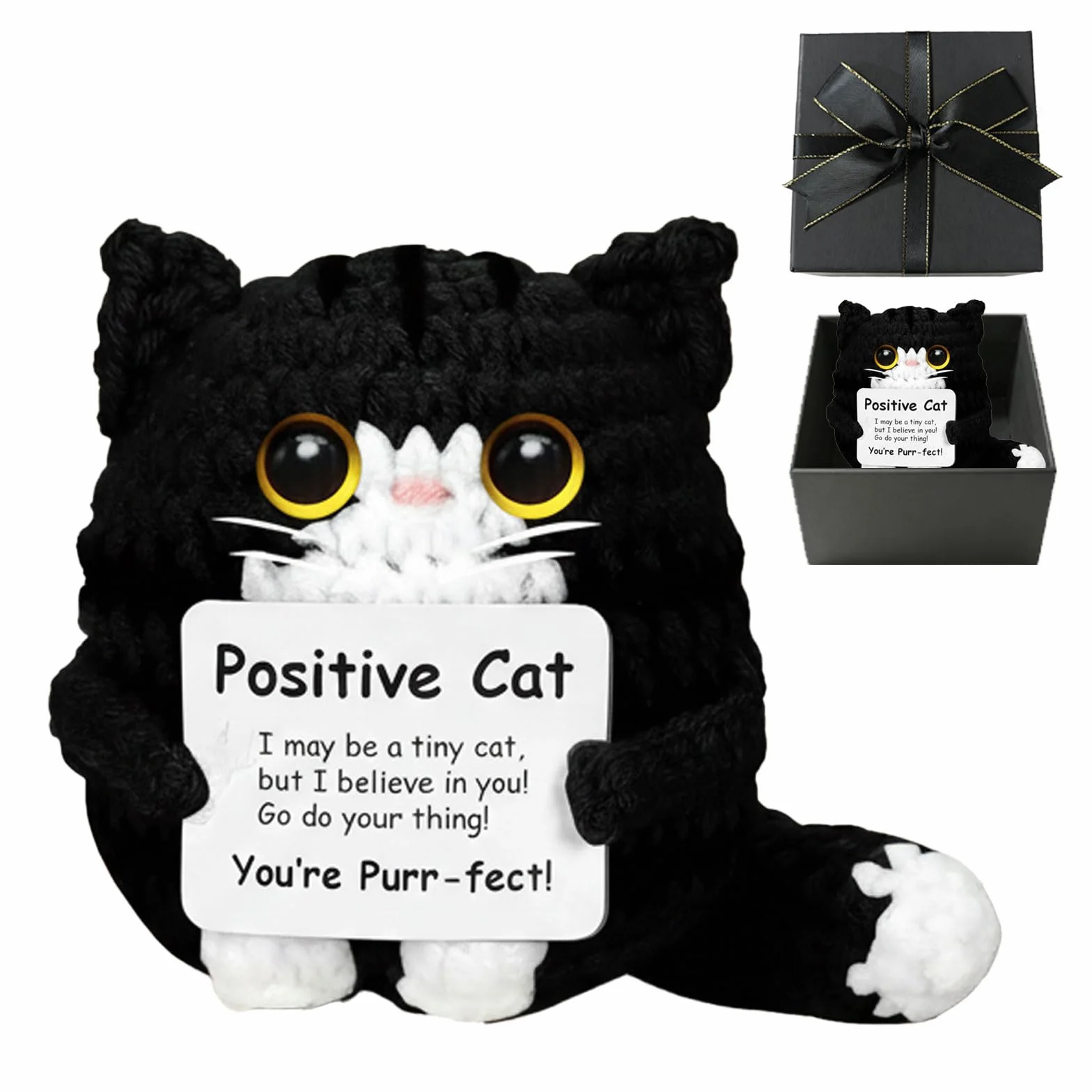 Porte-Bonheur au Crochet Chat Positif dans Boîte Cadeau Noire