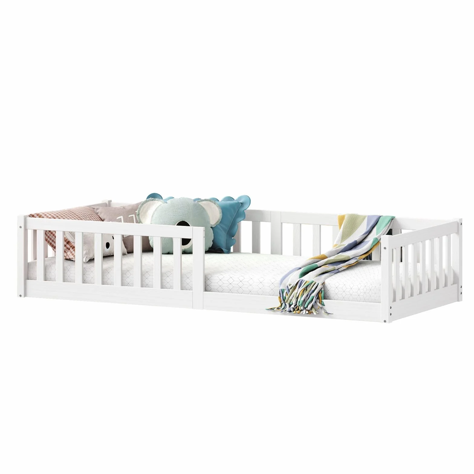 IDIMEX Lit Enfant Gustavo lit au Sol 90x190 cm d'inspiration Montessori, avec barrières de Protection, en pin Massif lasuré Blanc