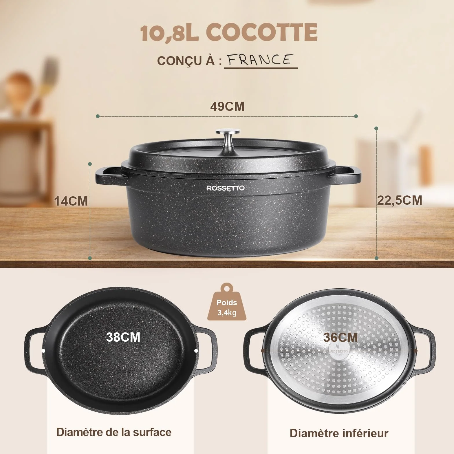 ROSSETTO 10,6L Cocotte ovale en fonte d’aluminium, revêtement antiadhérent en céramique. Couvercle avec picots saveurs. Compatible tous feux dont induction et au four jusqu’à 230℃, 38CM, Noir