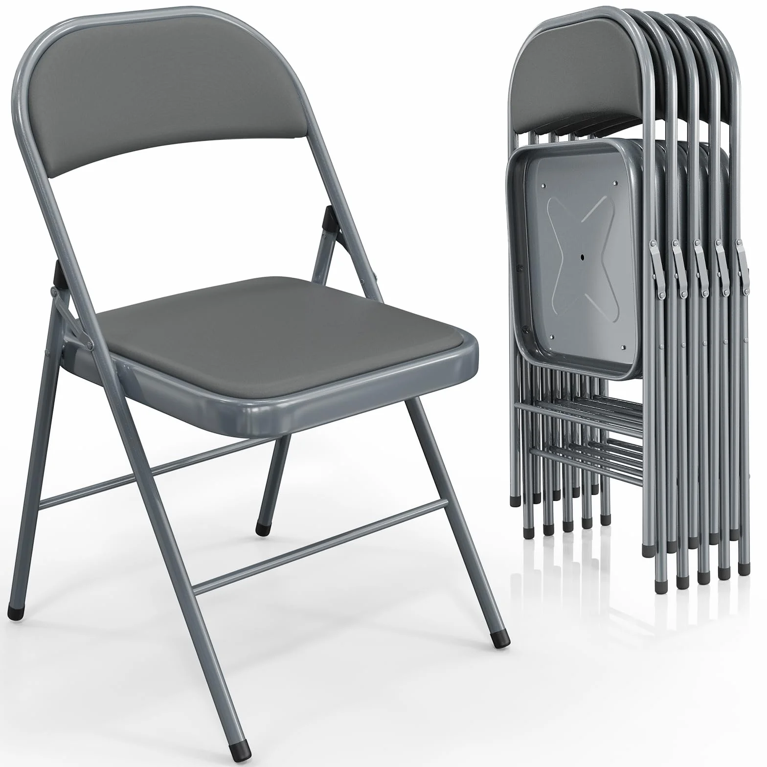 Bonnlo Lot de 6 Chaises Pliantes avec Assie en PU, Empilables et Portables, avec Structure en Fer Supportant Jusqu'à 158 kg, Idéales pour la Maison, le Bureau, les événements ＆ les Fêtes (6, Gris, PU)
