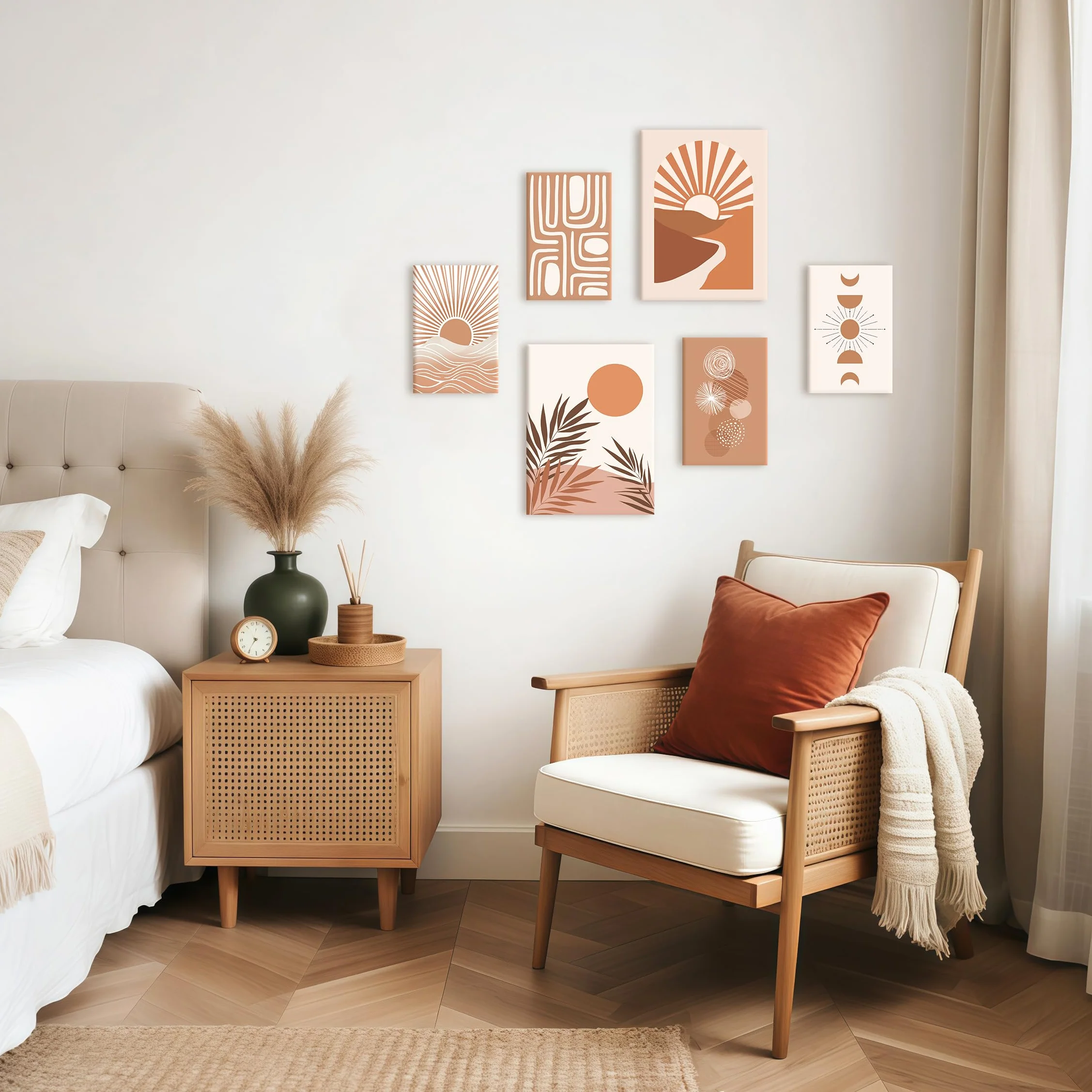 6 Sets of Boho Terracotta Soleil Botanique Tableau Decoration Murale Encadre, Géométrie Lignes Impression sur toile Abstrait Paysage Tableau Peinture Posters Déco Mural pour Salon Chambre Cuisine