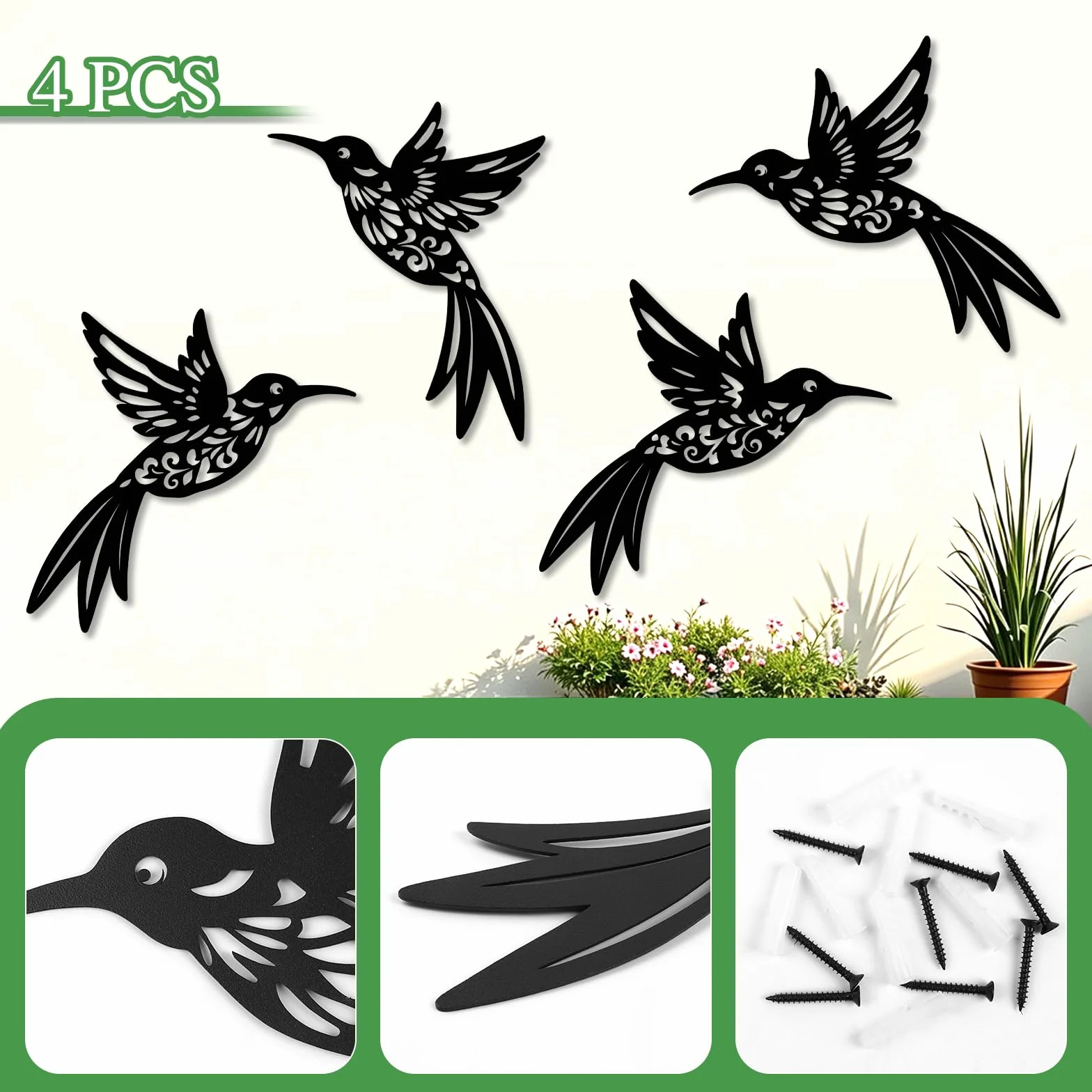 YiYa Lot de 4 Décorations Murales en Métal Colibri Style Boho Rustique Oiseau pour Intérieur Extérieur Noir