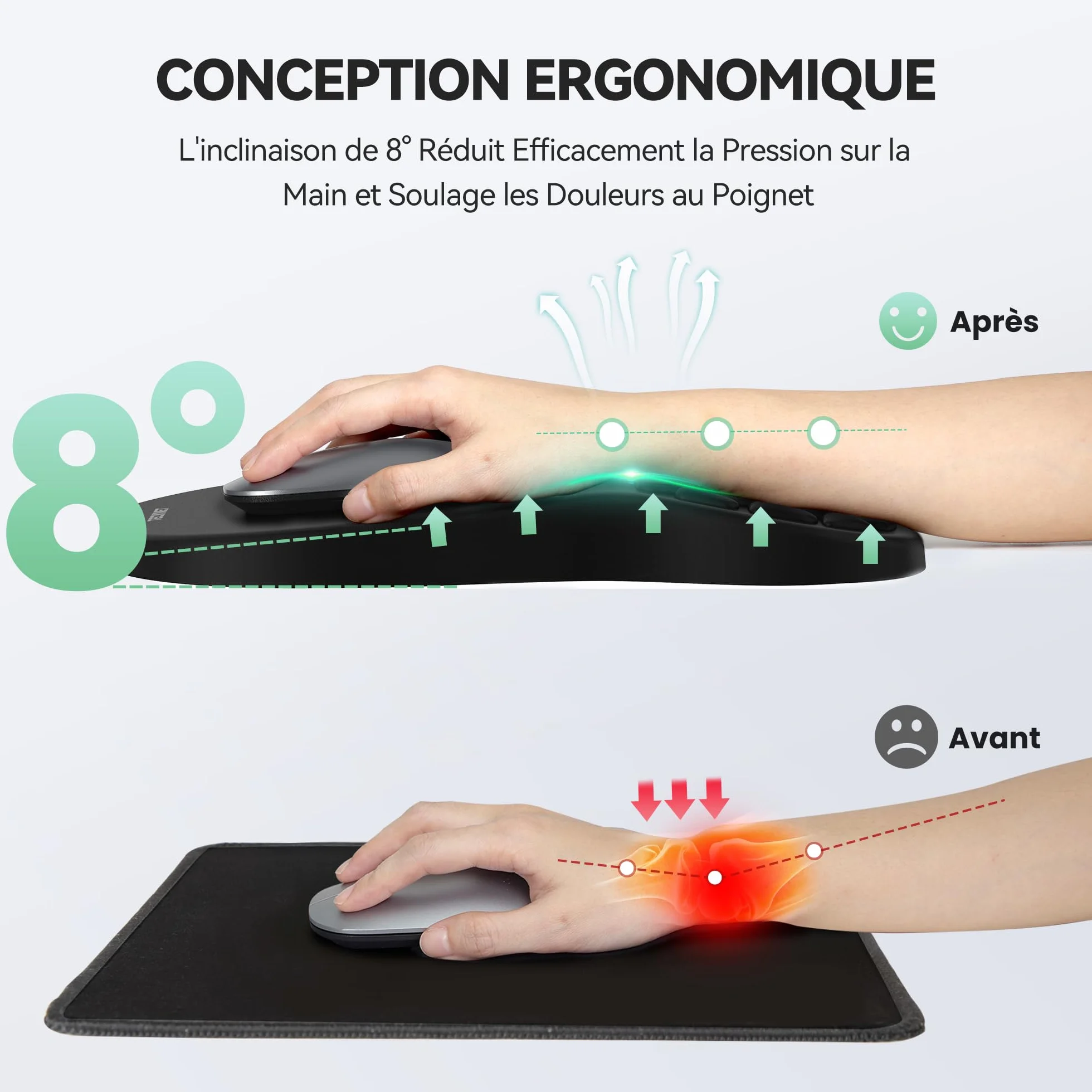 TECKNET Tapis de Souris avec Coussinet Massant Mousse Mémoire, Base Silicone Antidérapante Lavable