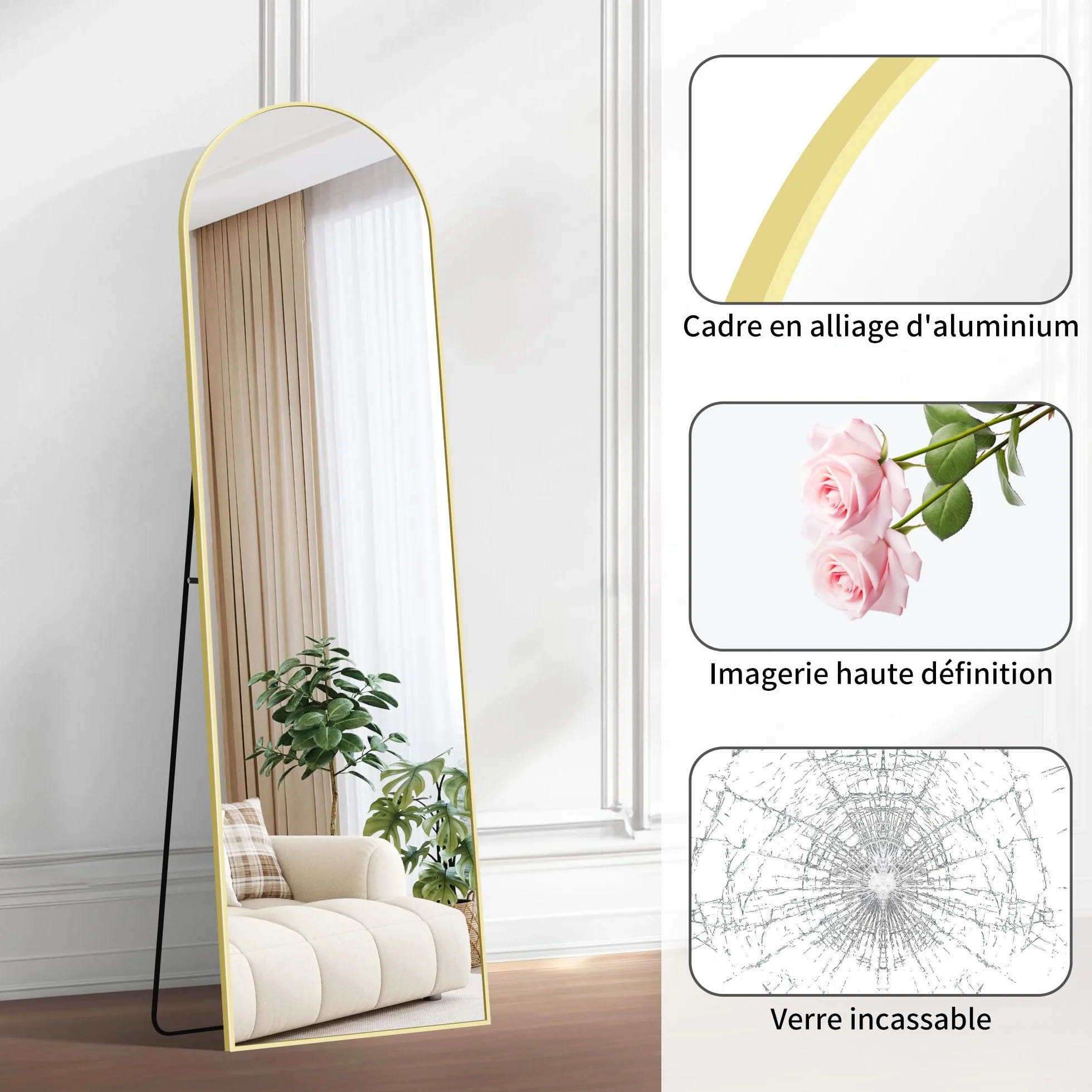 Grand Miroir sur Pied 150 x 40 cm, Miroir Arqué Pleine Longueur Cadre Aluminium Or pour Chambre, Entrée, Couloir