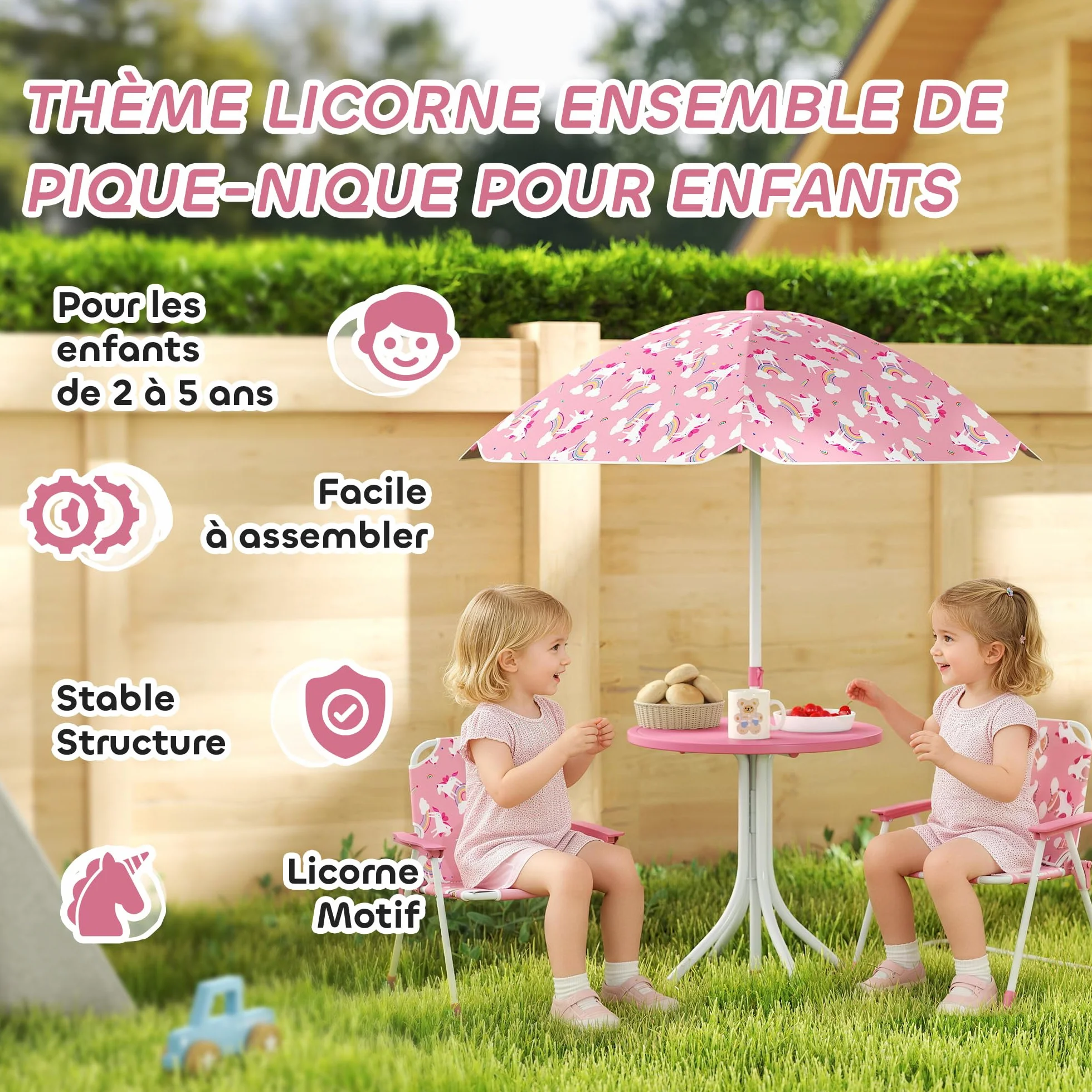 AIYAPLAY Ensemble Salon de Jardin Enfant Table avec Chaise 4 Pièces Motif Éléphant Girafe Parasol Réglable Ø 100 cm Pliable Rose