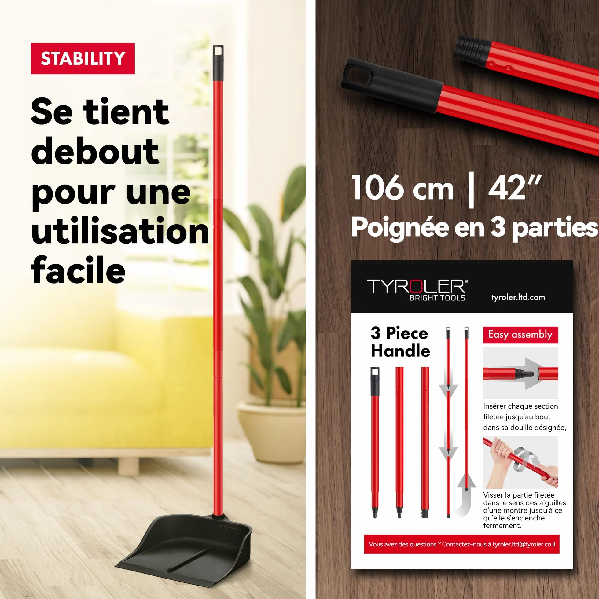 Pelle Ramasse Poussière à Manche Long Verticale 90 cm de Tyroler – Ramassette en Caoutchouc Adhérente au Sol pour Ramasser Efficacement Poussières, Poils et Déchets