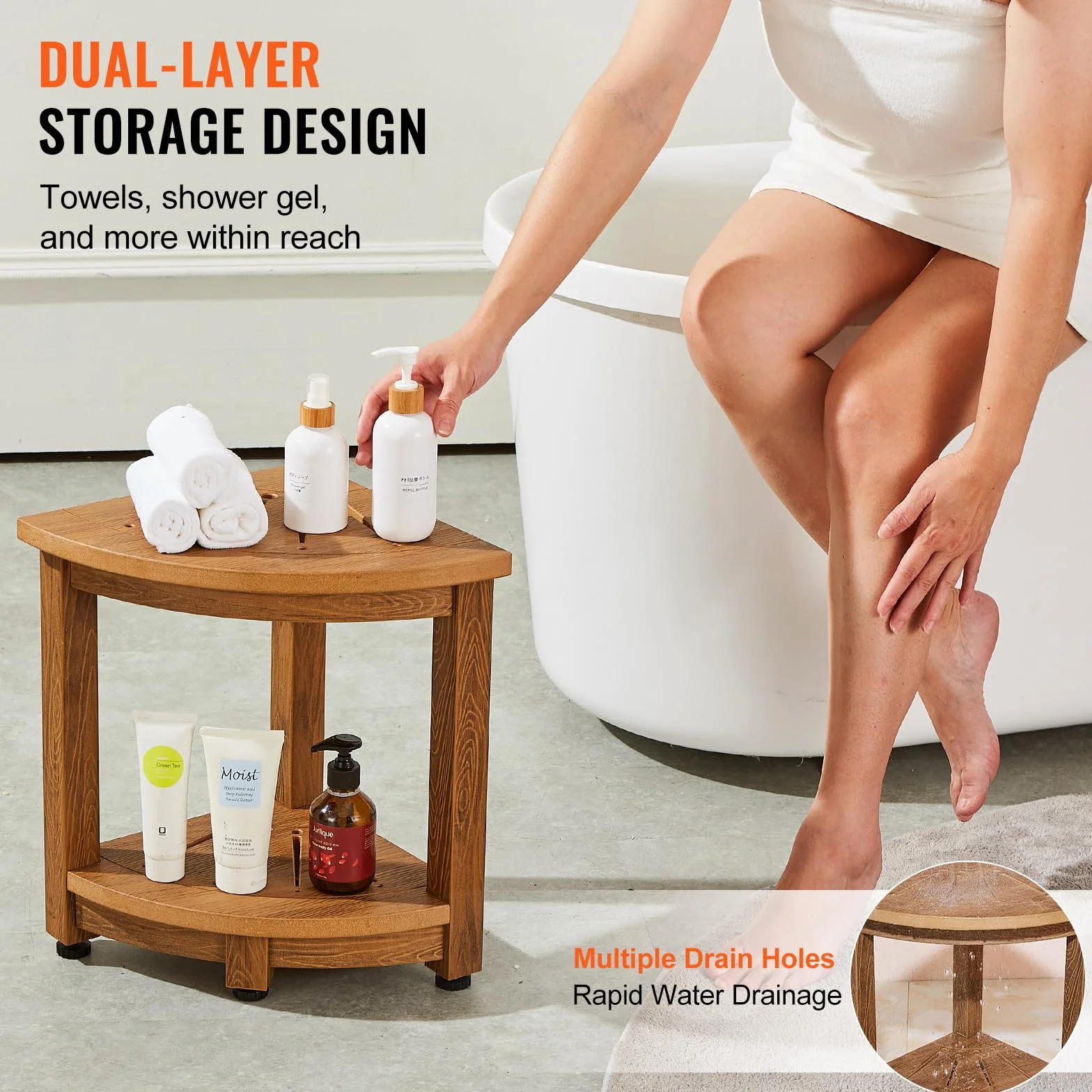 VEVOR Banc de Douche d'angle, Hauteur 430 mm, Rayon 325 mm, Tabouret de Salle de Bain, Faux Bois en polystyrène, chargé de 158 kg avec étagère de Rangement, résistant à l'eau, intérieur et extérieur