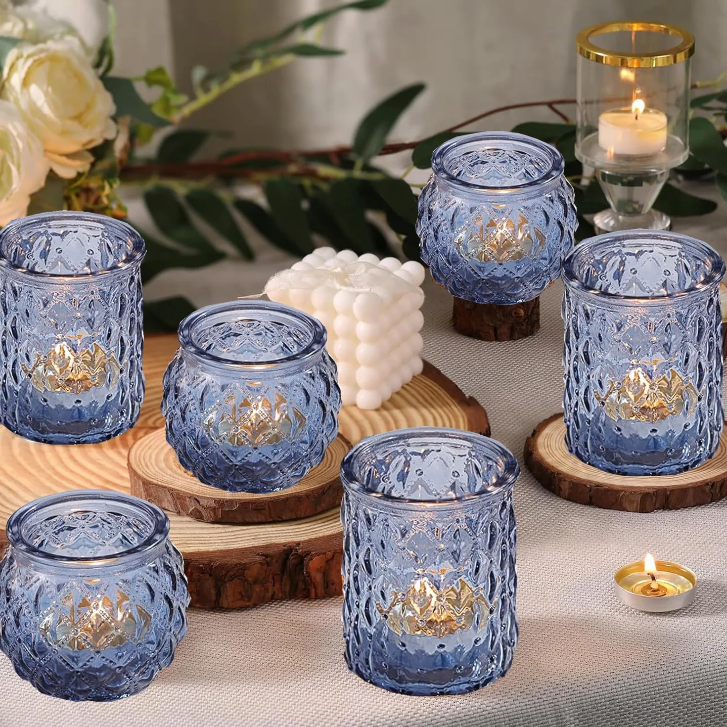 Lot de 12 bougeoirs en verre assortis pour fête prénuptiale, centre de table de mariage, décoration d'intérieur (12, bleu)
