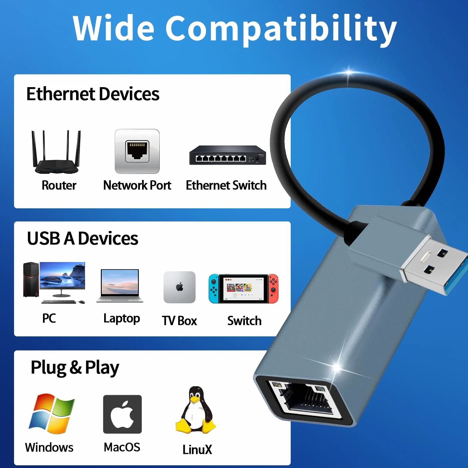 Adaptateur USB Ethernet Gigabit 1000Mbps RJ45 USB 3.0 LAN Réseau