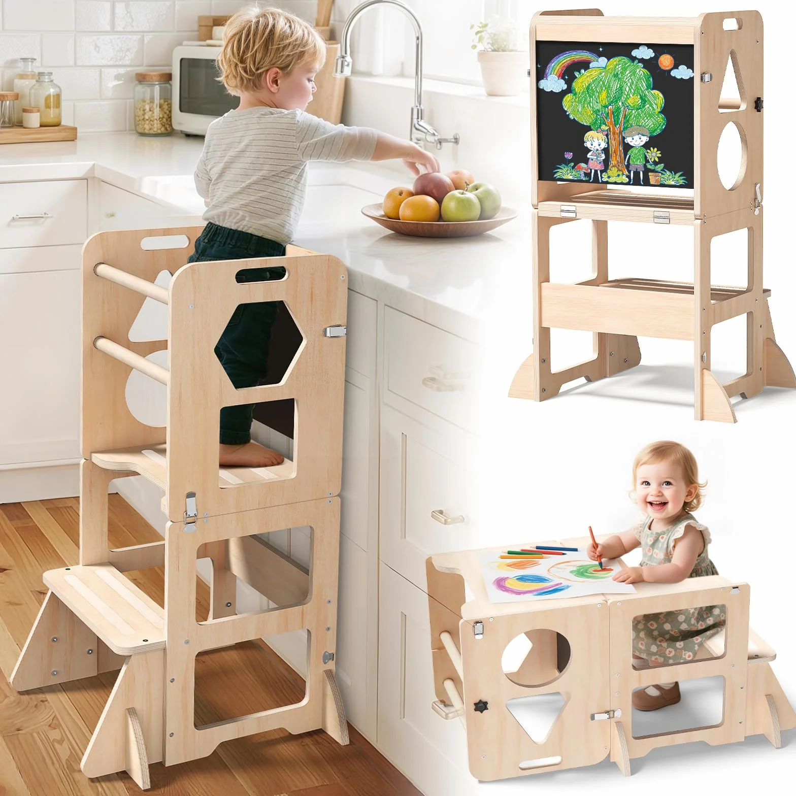 Woodure Tour d'apprentissage Montessori 4 en 1, Tour d Observation Enfant Pliable avec Tableau Noir, Tabouret de Cuisine en Bois pour Enfants, Cadeaux pour garçons et Filles de 1 à 3 Ans