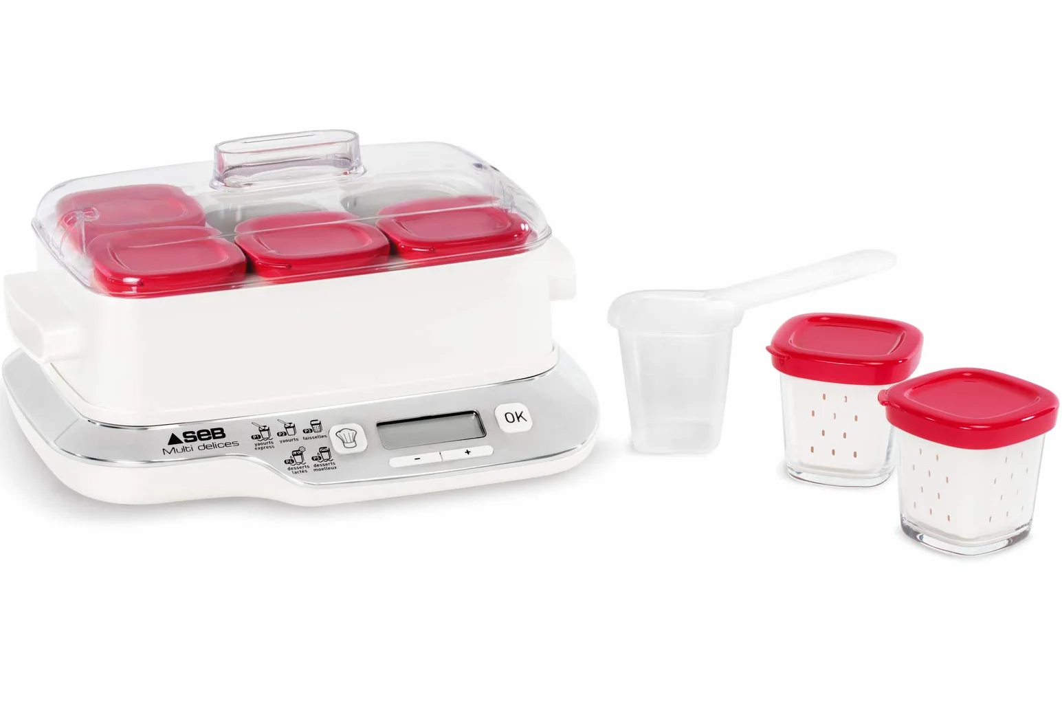Seb Yaourtière 6 pots verre 140 ml, 5 programmes automatiques, Sans BPA, Compact, Yaourt maison, Desserts lactés, Fromages blancs, Fabriqué en France, Multidélices Express, Rouge YG660100
