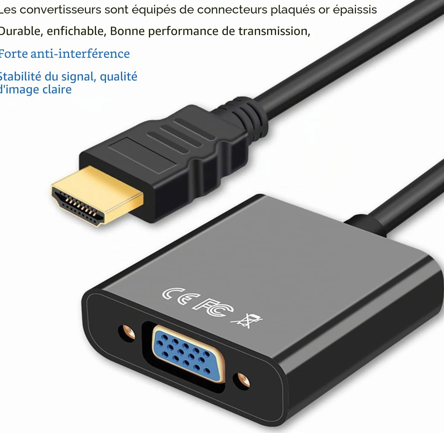 Adaptateur HDMI plaqué or vers VGA mâle femelle pour PC moniteur projecteur HDTV