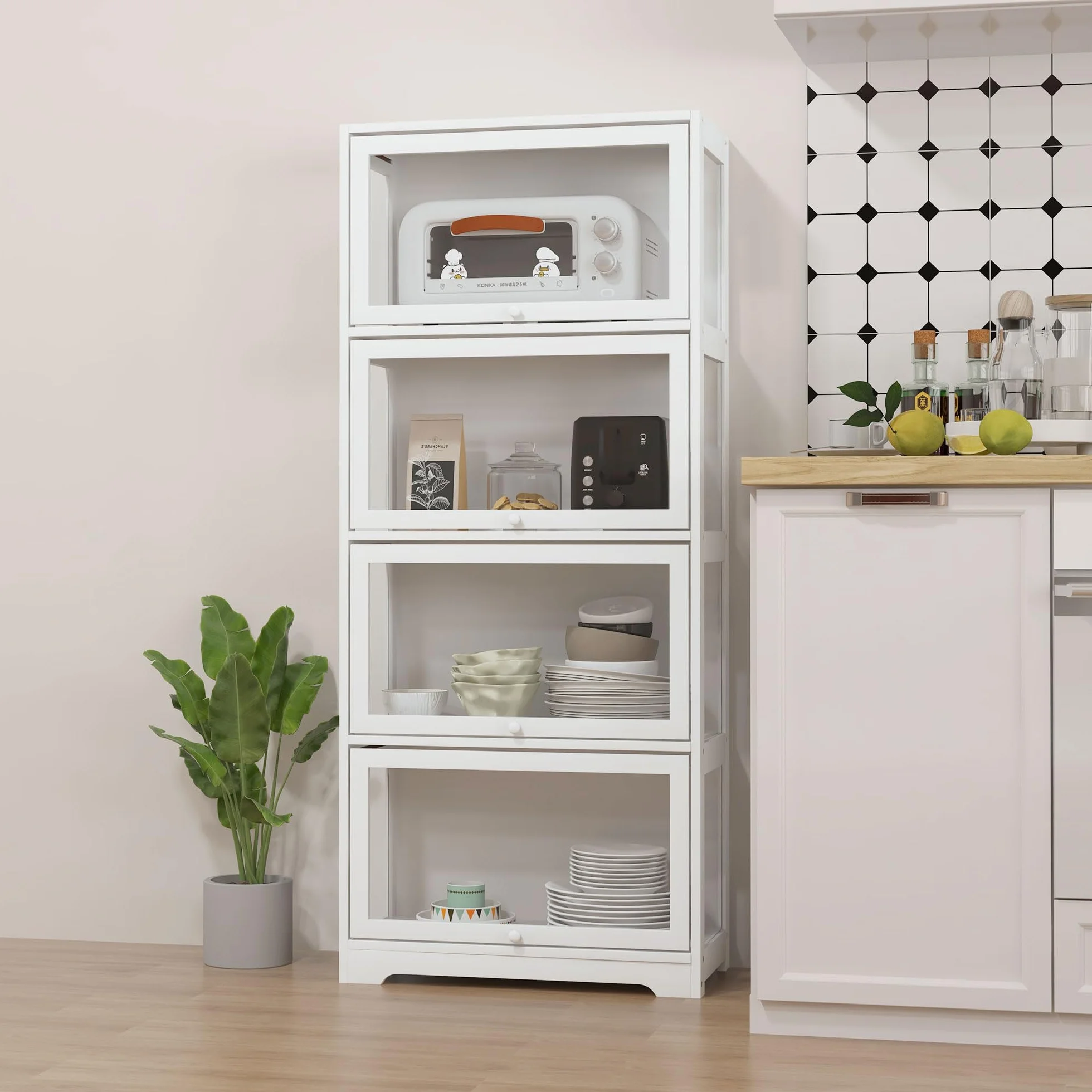 HOMCOM Vitrine pour Collection Buffet Salon Meuble de Rangement à 4 Niveaux avec Portes à abattant, pour Salon Bureau Chambre, 59 x 30 x 139 cm, Blanc