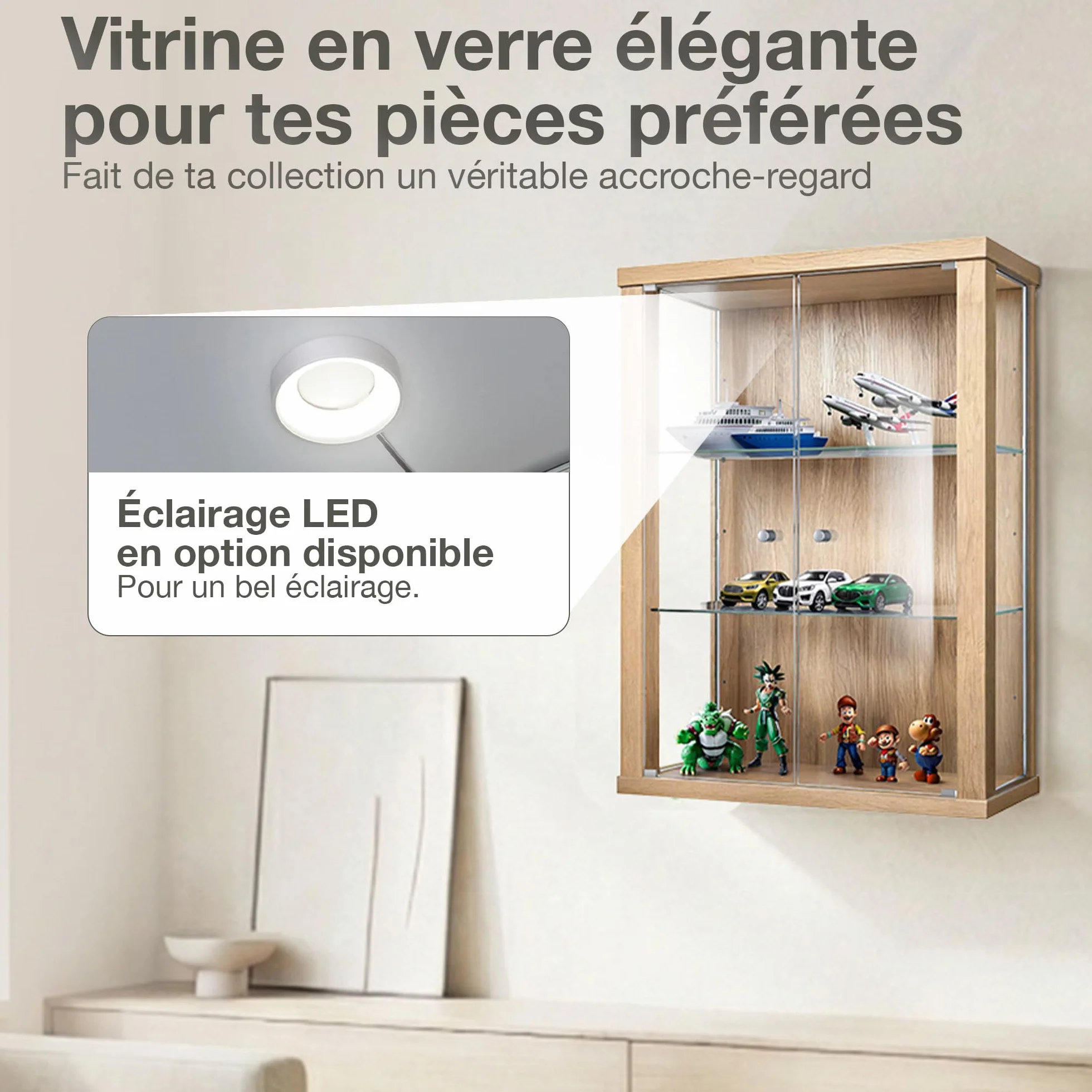 Vitrine Murale Verre (80x60x25cm) - Fabriqué en Allemagne - Petite Vitrine en Verre Suspendue avec 2 étagères réglables en Verre trempé (ESG) in Hêtre - armoires vitrées de présentation