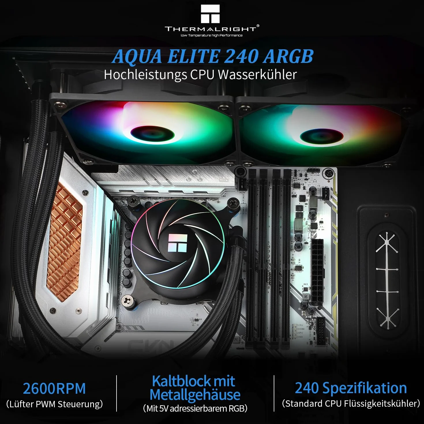 Thermalright AQUA Elite 240 ARGB CPU chłodnica wodna, z podwójnym wentylatorem PWM, prędkość 1550 RPM, do AMD/AM4/AM5& Intel LGA1150/1151/1155/1156/1200/2011/1700(AE240 ARGB)