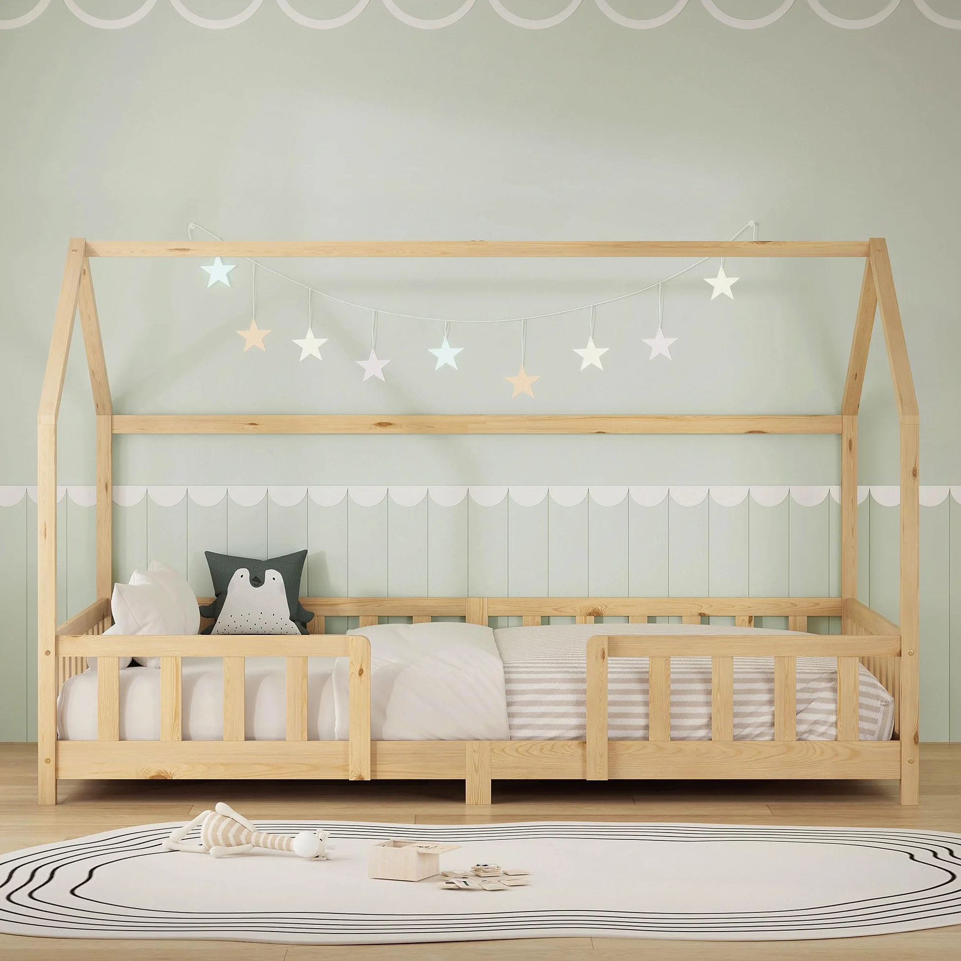ML-Design Lit Cabane Enfant 120x200 cm Naturel (Beige) en Bois avec Protection Étendue Anti-Chute, Toit et Sommier à Lattes, Style Maison, Couchage Maisonnette Lit Double pour Adolescent Fille Garçon