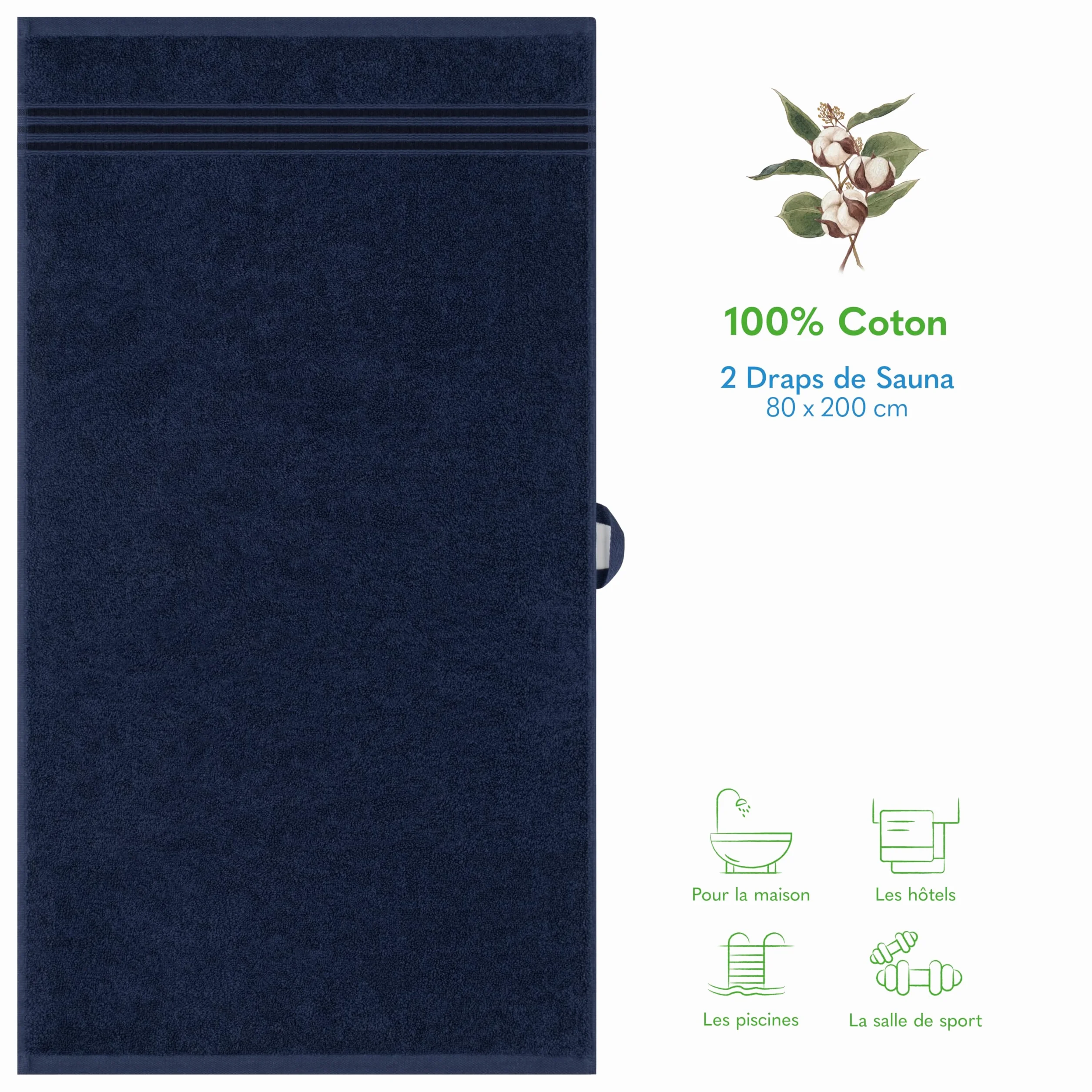 Hammetex Lot de 2 Grandes Serviettes de Bain 80x200 cm 100% Coton 500 GSM Oeko-TEX Bleu foncé