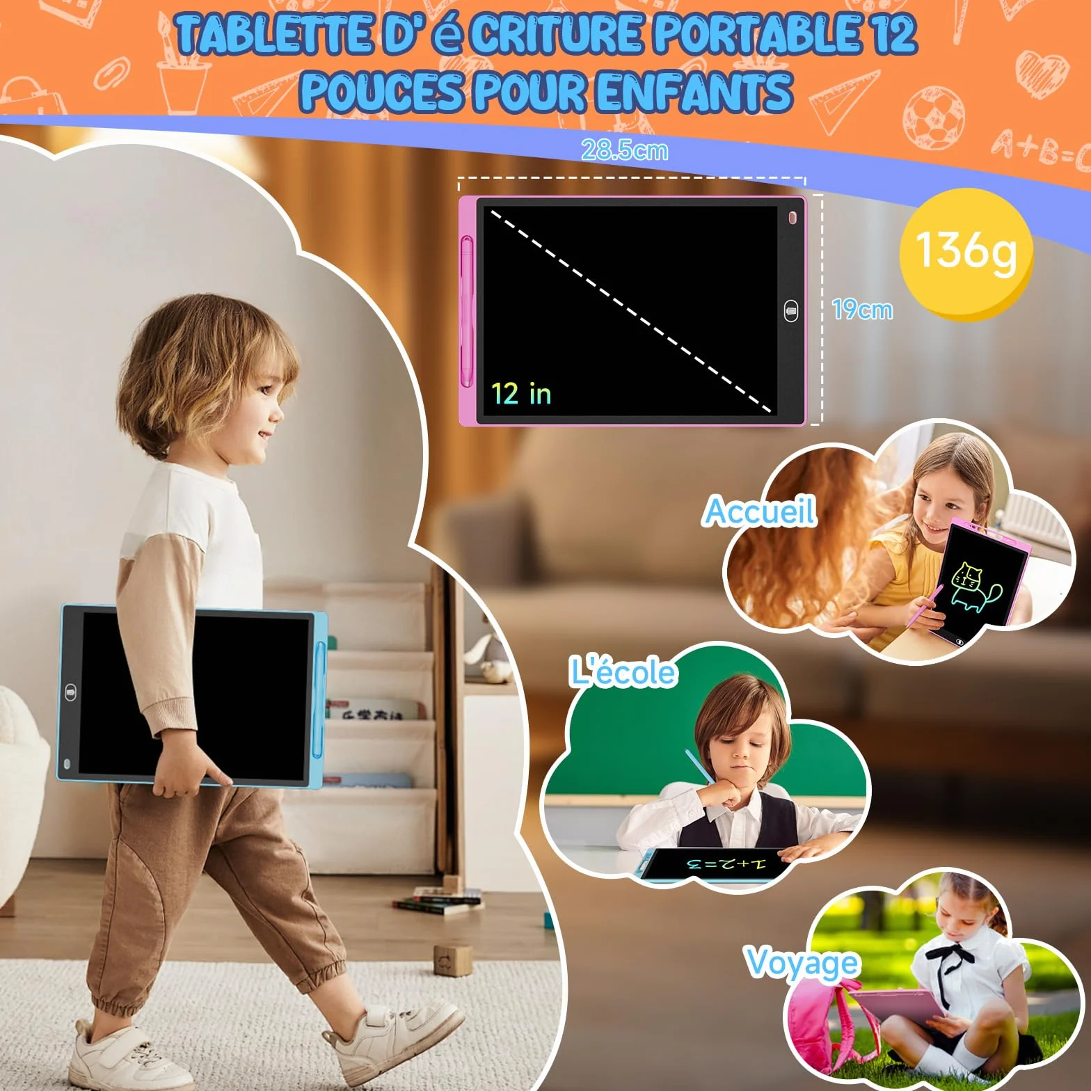 Tablette Dessin Enfant 12 Pouces LCD Colorée Ardoise Magique avec Verrouillage Effacement Jouet Educatif Bleu Rose