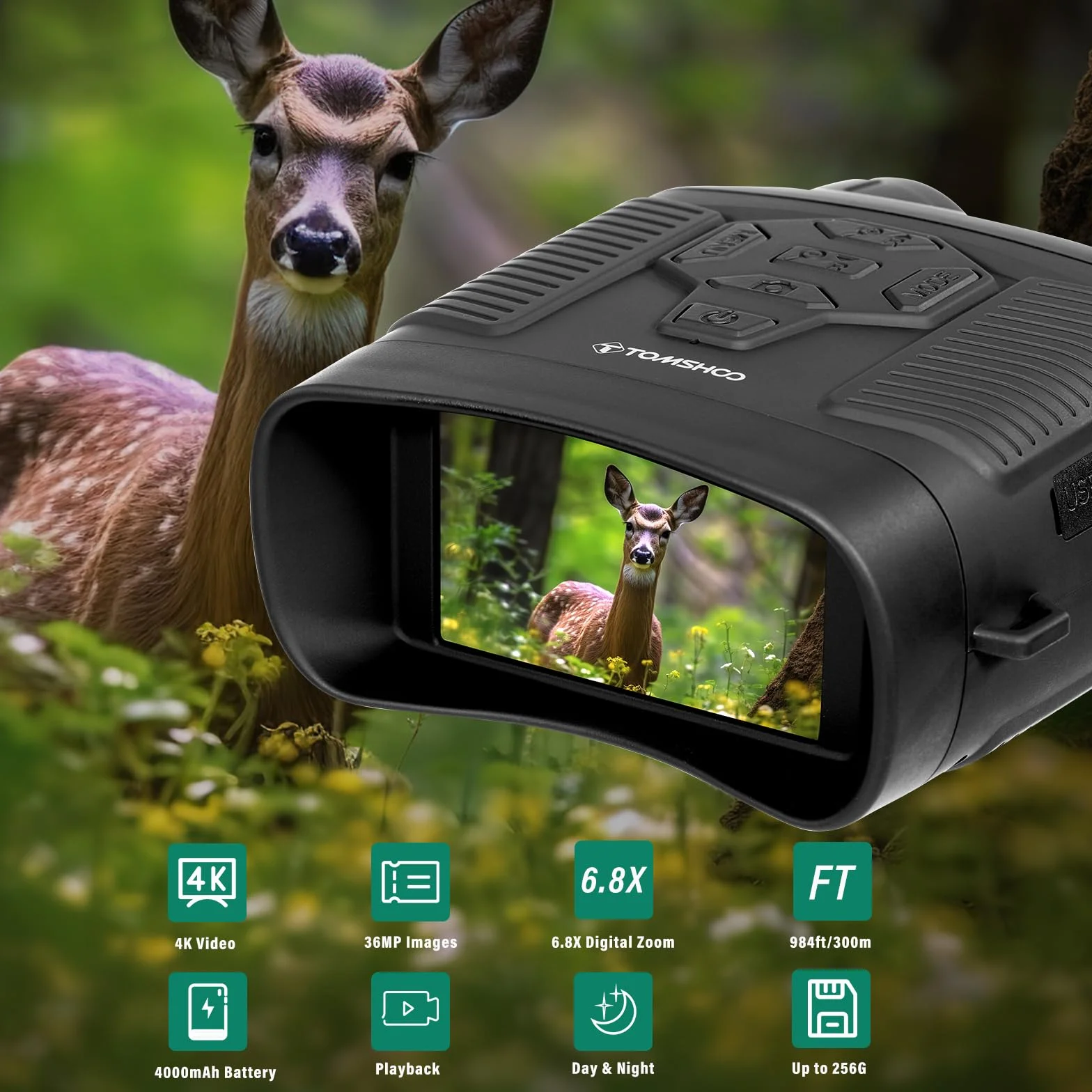 TOMSHOO Noktowizor, 4K 36 MP 300 m, gogle Night Vision z 4000 mAh, możliwość ponownego ładowania, karta pamięci 32 G, zoom cyfrowy 6,8x, reflektor IR 850 nm do monitorowania, obserwacji zwierząt
