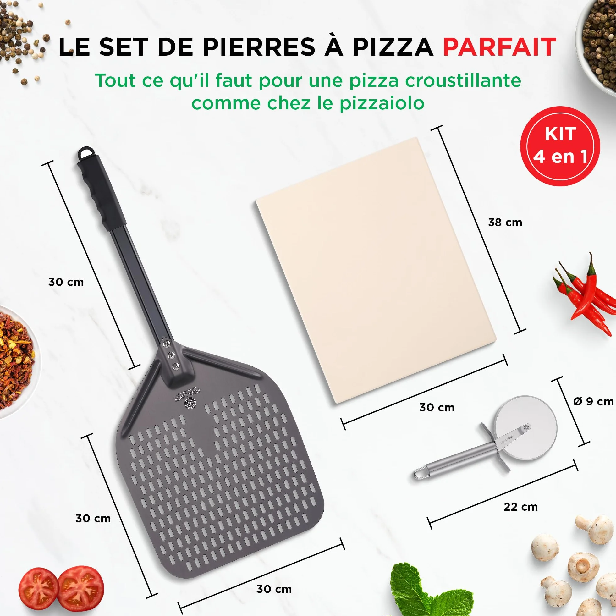 Pizza Lover Kit de pierres à pizza de qualité supérieure pour four et barbecue - 4 en 1 - Avec pelle à pizza perforée (anodisée dure) + pierre à pizza jusqu'à 800 °C en cordiérite + roulette à pizza