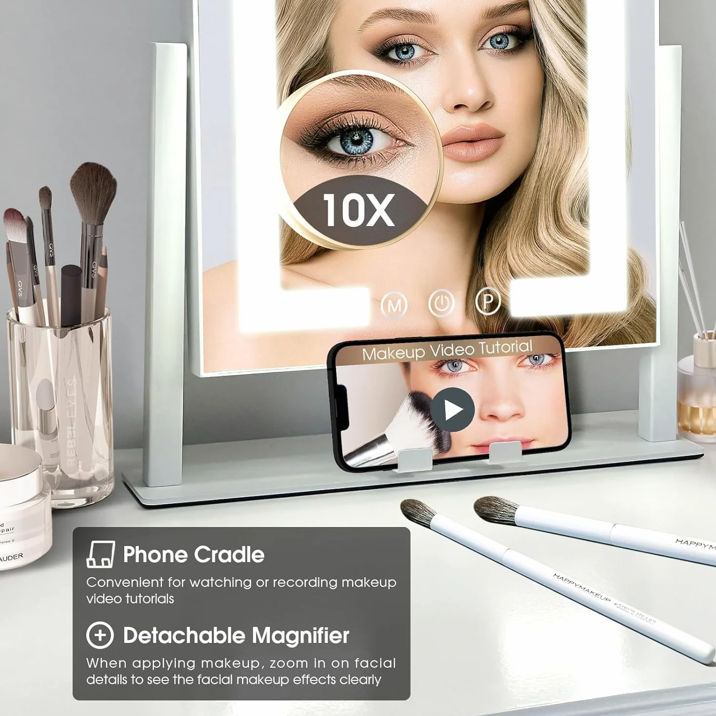 Kottova Miroir de Maquillage avec lumières, Miroir de Table 30x36 cm, 3 Modes d’éclairage réglables par capteur Tactile, Miroir grossissant Amovible 15X (Petit miroi Rond), Cadre en métal – Blanc