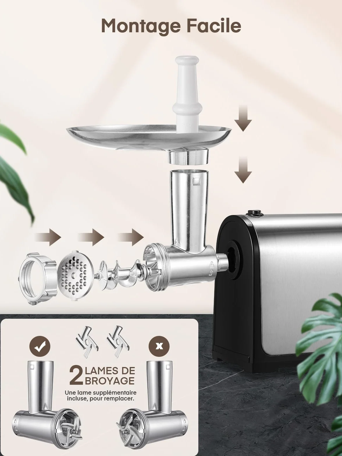 3 en 1 Hachoir à Viande Électrique Professionnel avec 3 Plaques Abrasives en Acier Inoxydable, 1 Kubbe et 3 tubes de Remplissage de Saucisses, 2000W Max