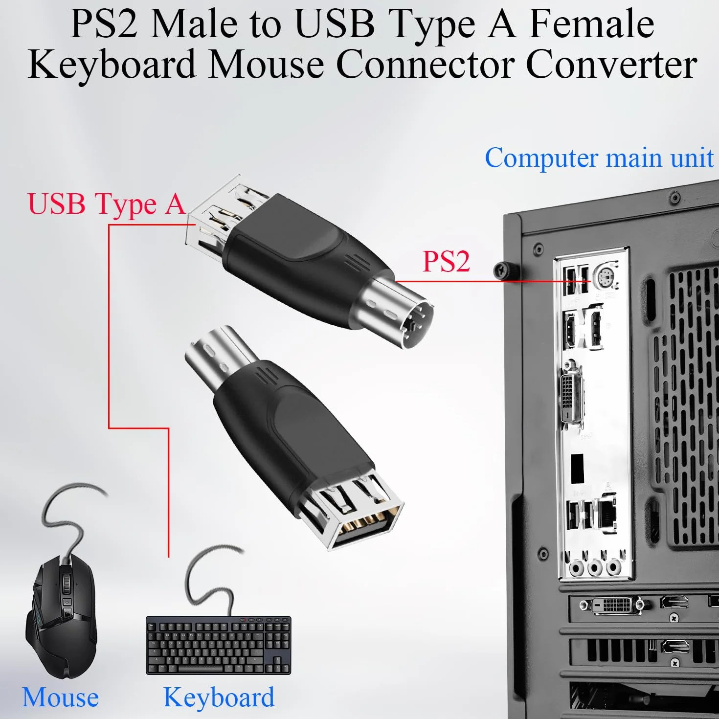Adaptateur PS/2 vers USB A Femelle Convertisseur PS2 Mâle vers Type A Socket Connecteur 2 Pcs