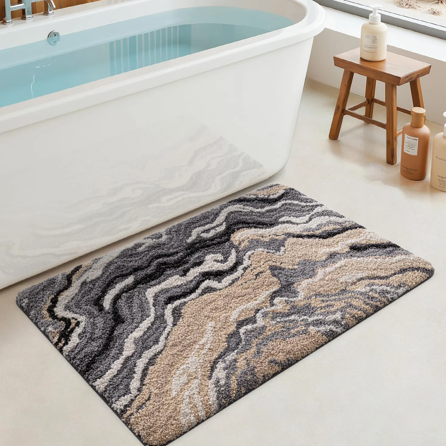 DEXI Tapis Salle de Bain Antidérapant 60 x 90 cm, Lavable en Machine, Gris et Beige