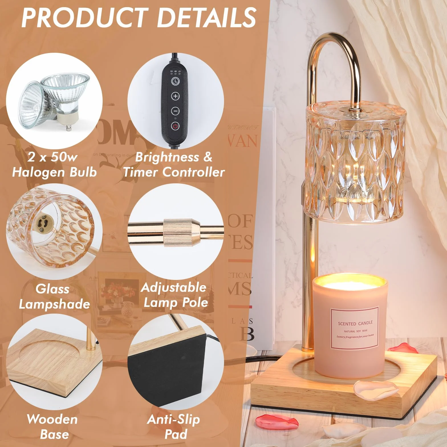Lampe Chauffe Bougie Victop Chauffage à Bougies à Chandelle avec Minuterie, Candle Lampe électrique Dimmable, Lampe à réchauffeur de Cire sans Flamme, Hauteur réglable, Décoration pour Maison Chambre