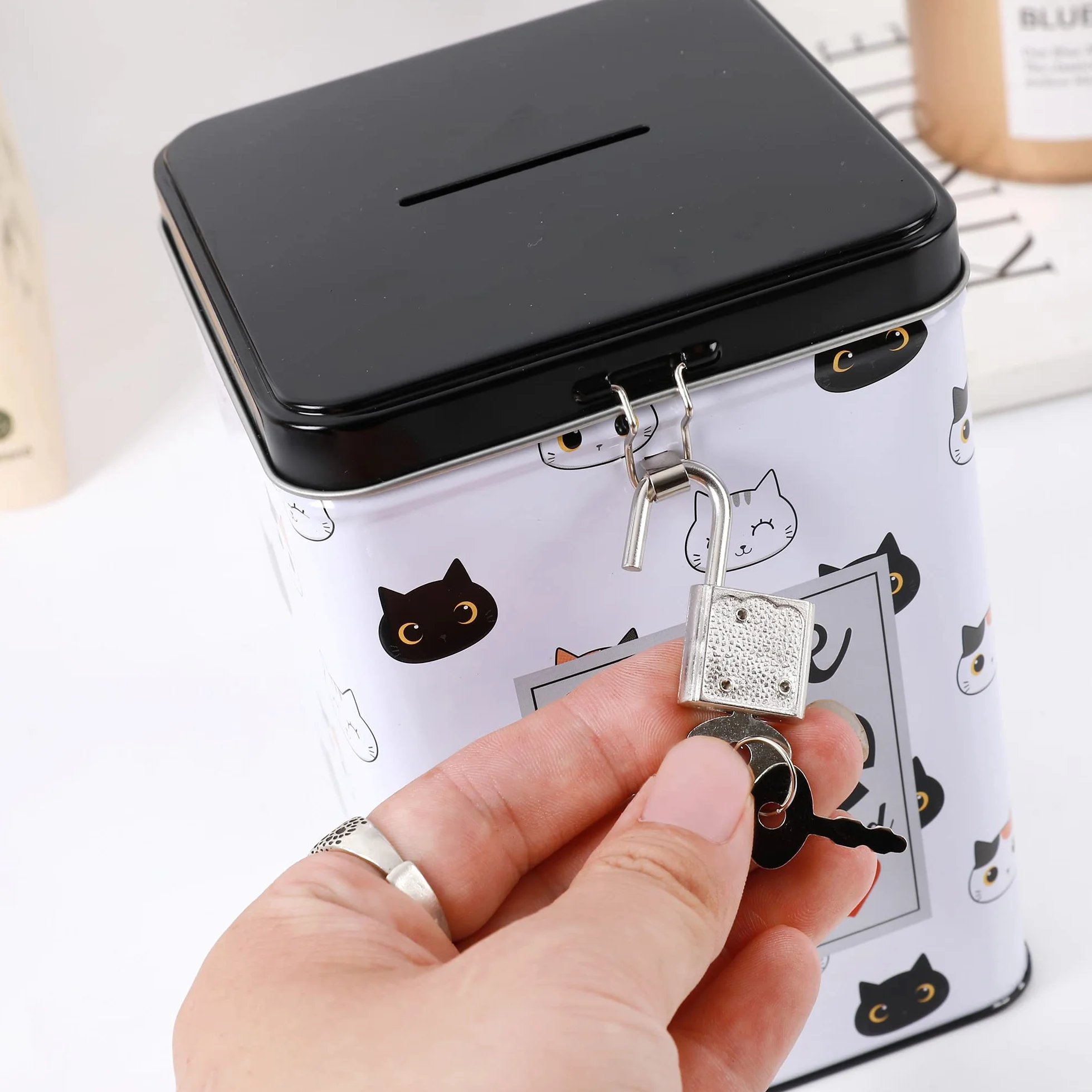 Tirelire drôle avec Cadenas et clés Porte-Monnaie en métal avec Fermeture Chat