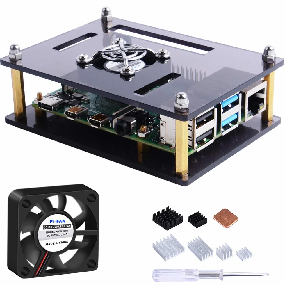GeeekPi Akrylowa obudowa do Raspberry Pi 4 i 3, Raspberry Pi etui z wentylatorem do 3/2 (B/B +), brązowa