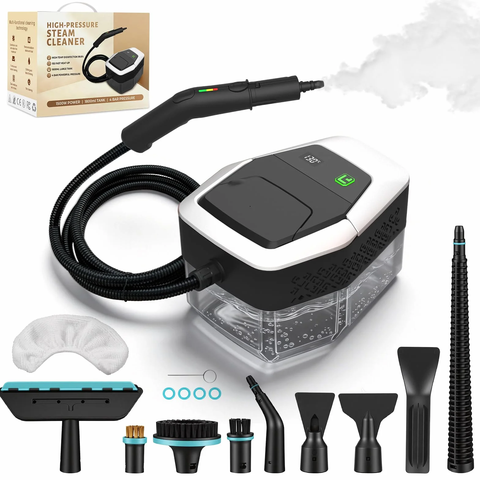 Nettoyeur Vapeur, Nettoyeur à Vapeur Portable 1500W Basse Pression, Chauffage Rapide 15s, Réservoir d’eau 1,8L, 12 Accessoires Inclus,Cuisine & Voiture, Blanc（Appuyez longuement sur 3s pour démarrer）