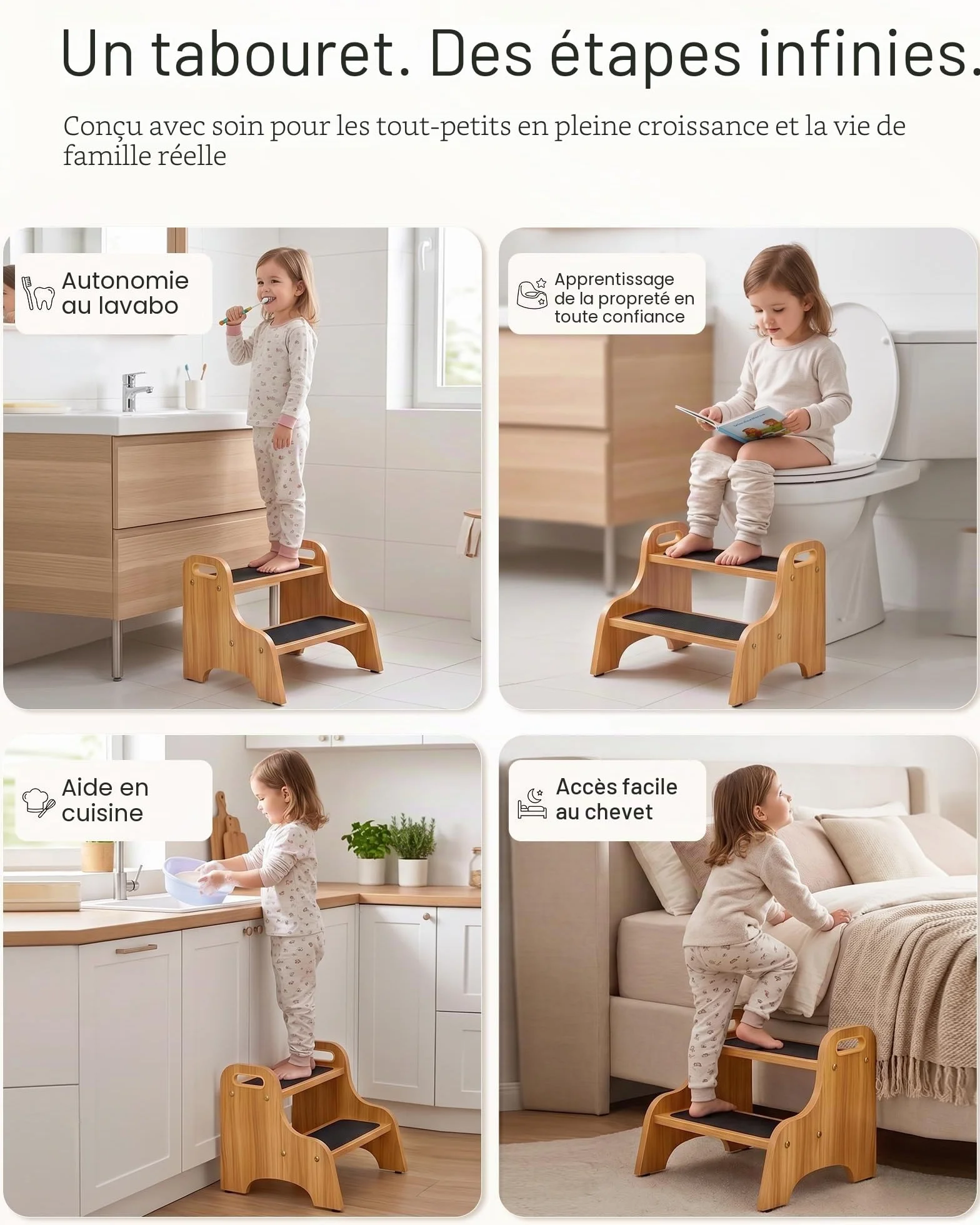 StrongTek Tabouret à 2 marches en Bois pour Enfants avec Surface antidérapante, poignées Portables, Patins antidérapants et capacité de 160 kg, Support Polyvalent et Robuste (Naturel)