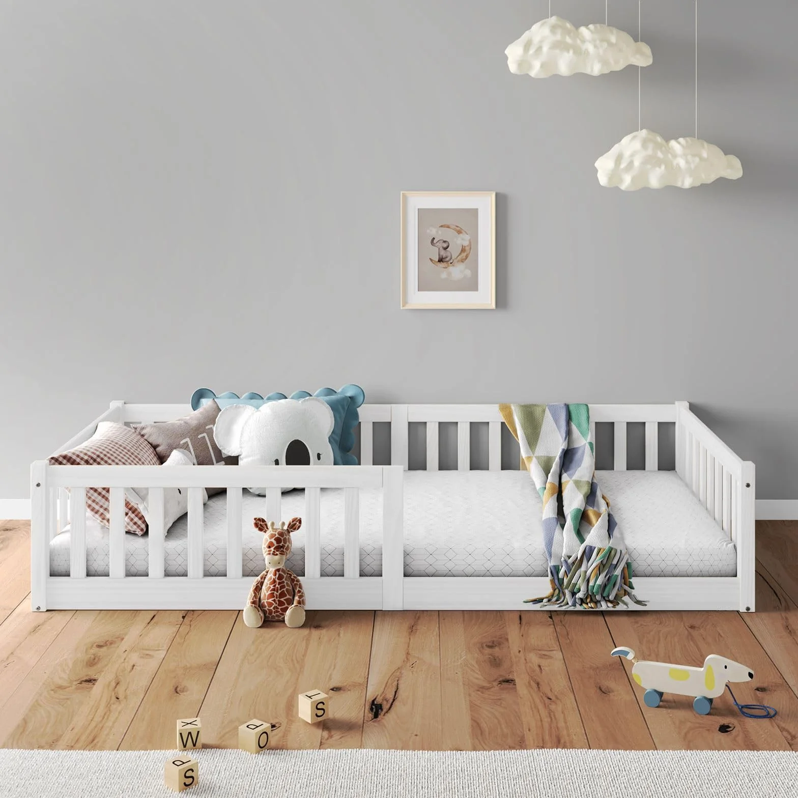 IDIMEX Lit Enfant Gustavo lit au Sol 90x190 cm d'inspiration Montessori, avec barrières de Protection, en pin Massif lasuré Blanc