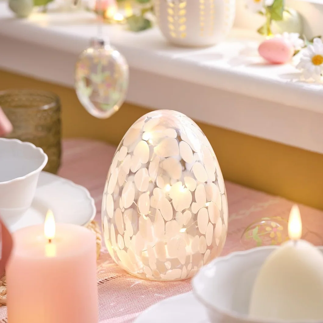 Œuf de Pâques Confetti en Verre LED Blanc Chaud avec Minuterie 6h Hauteur 16 cm Rose