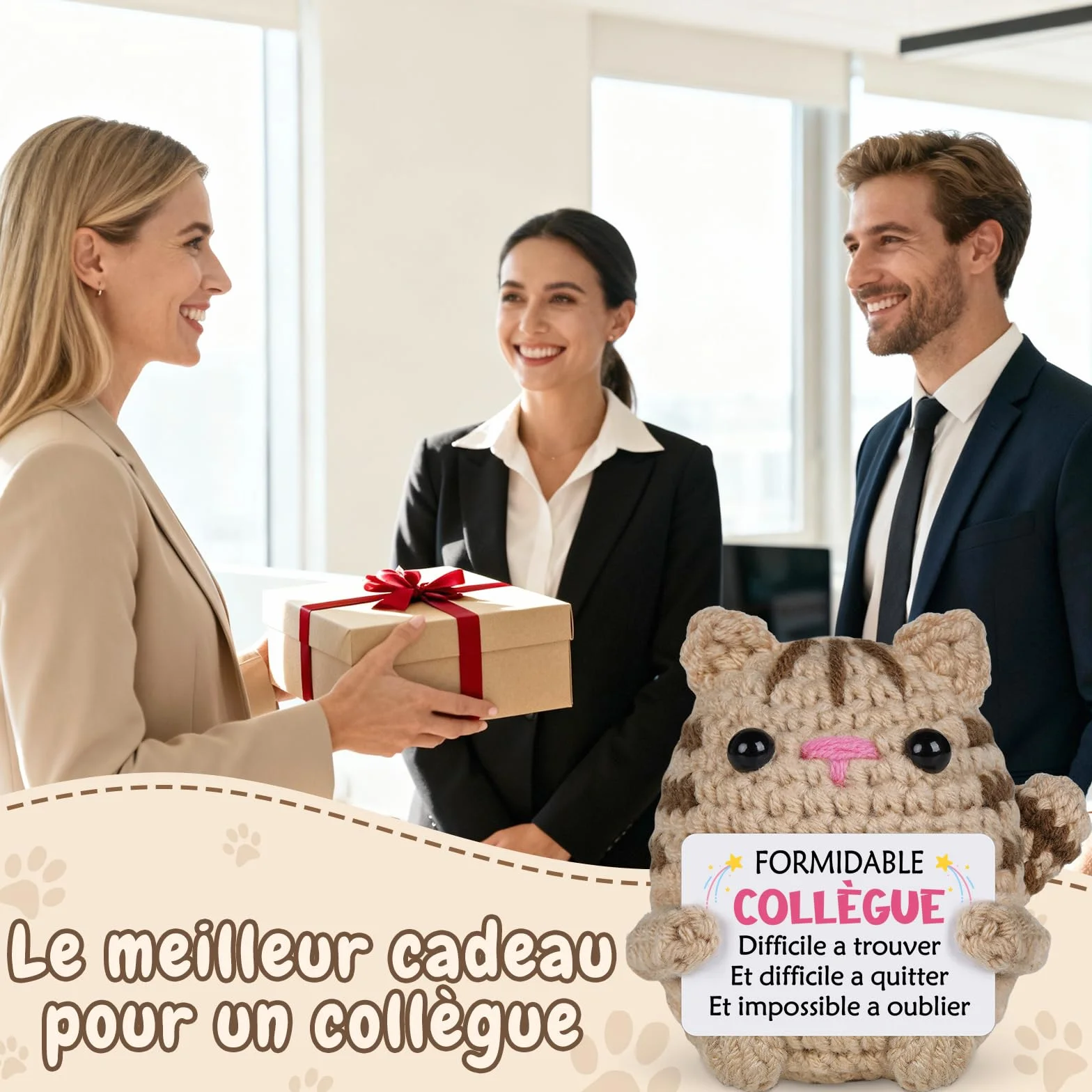Peluche chat crochetée à la main avec carte de vœux, Cadeau Départ Collègue Femme, Décoration Bureau Maison