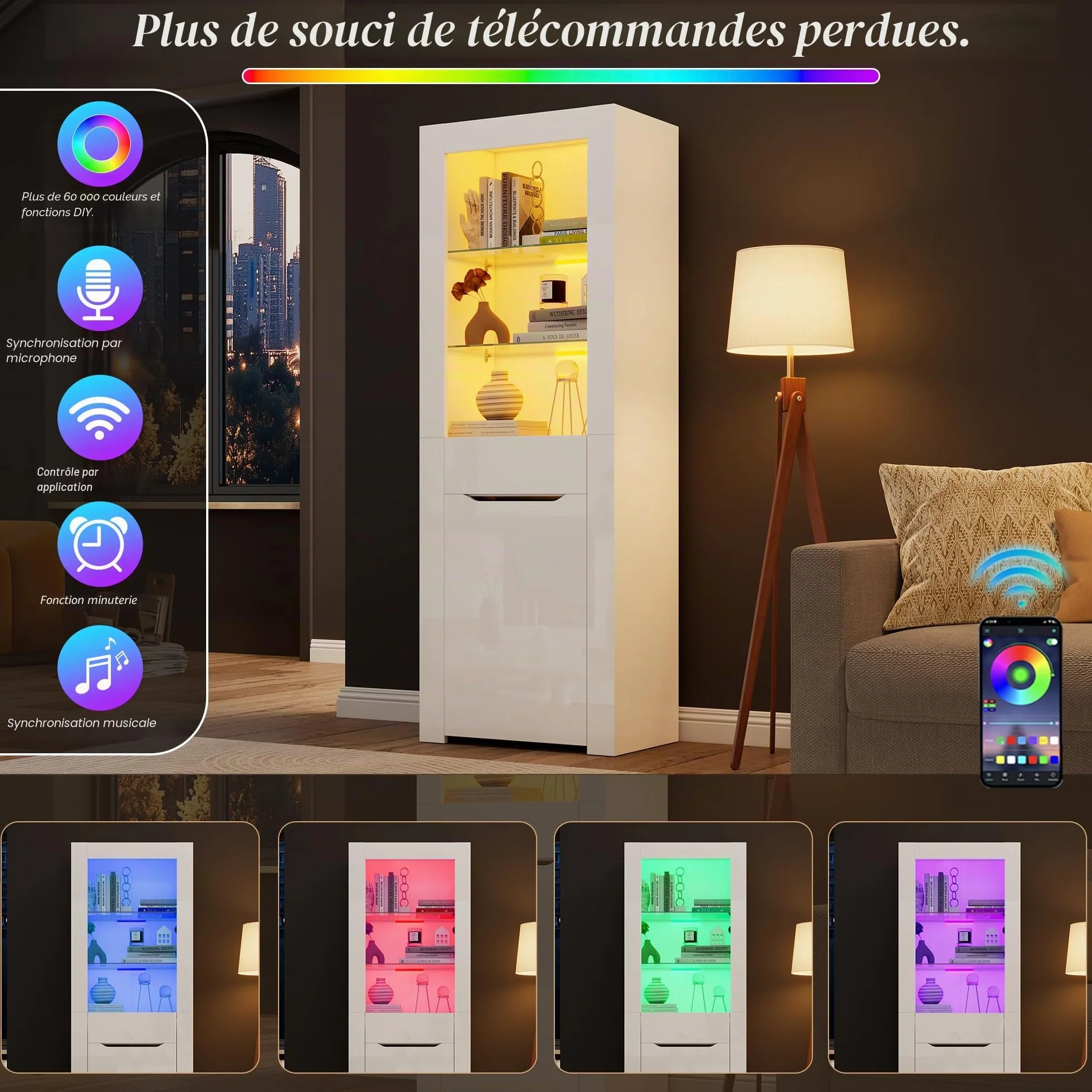 Merax Vitrine LED - Armoire 1 porte 1 tiroir - Vitrage spacieux - Meuble moderne - Salon/Bureau/Salle à manger - Blanc