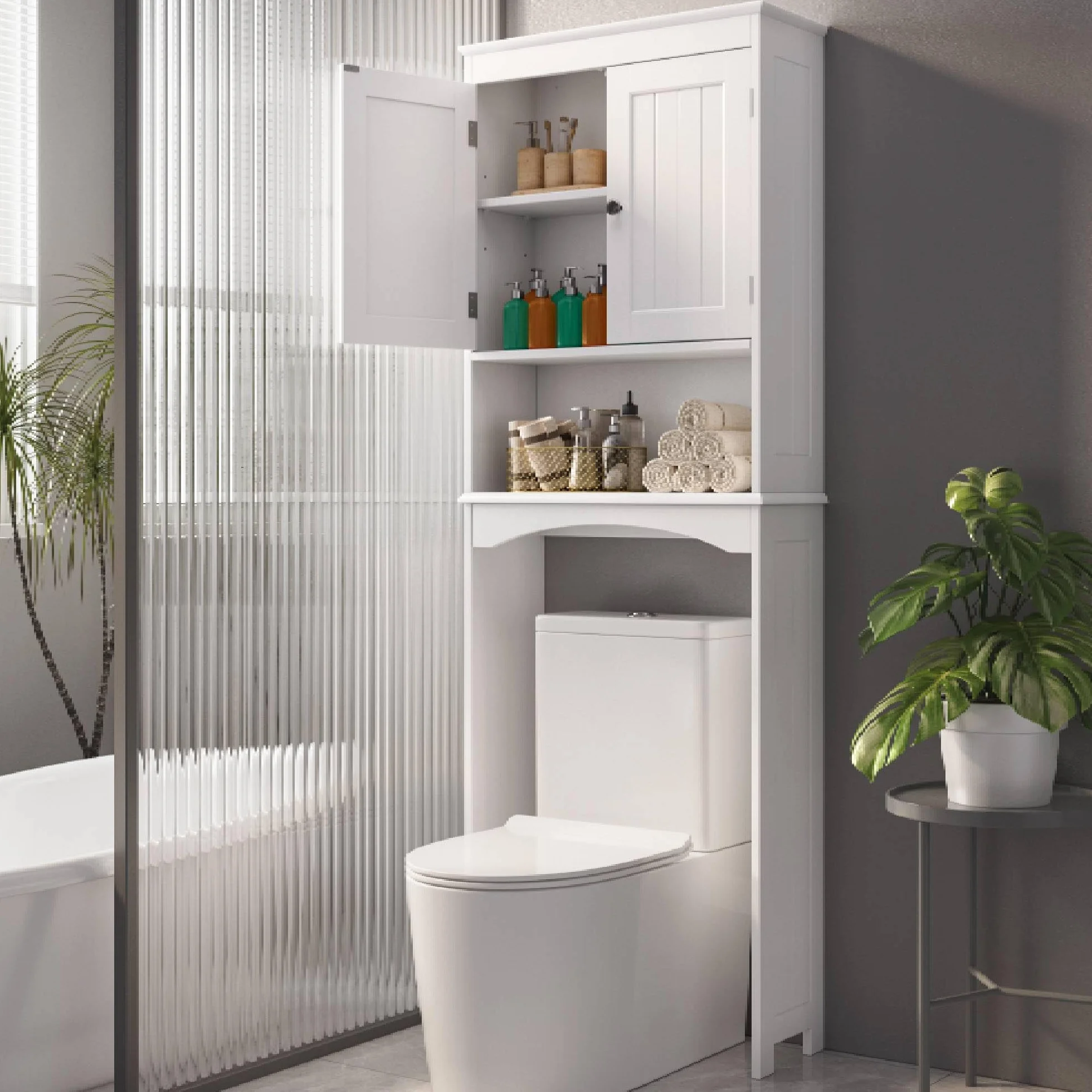 Armoire de Salle de Bain,Meuble Toilettes WC Rangement, Meuble au-Dessus des Toilettes, étagère réglable,pour Salle de Bain, Toilettes,167×60×23cm,Blanc