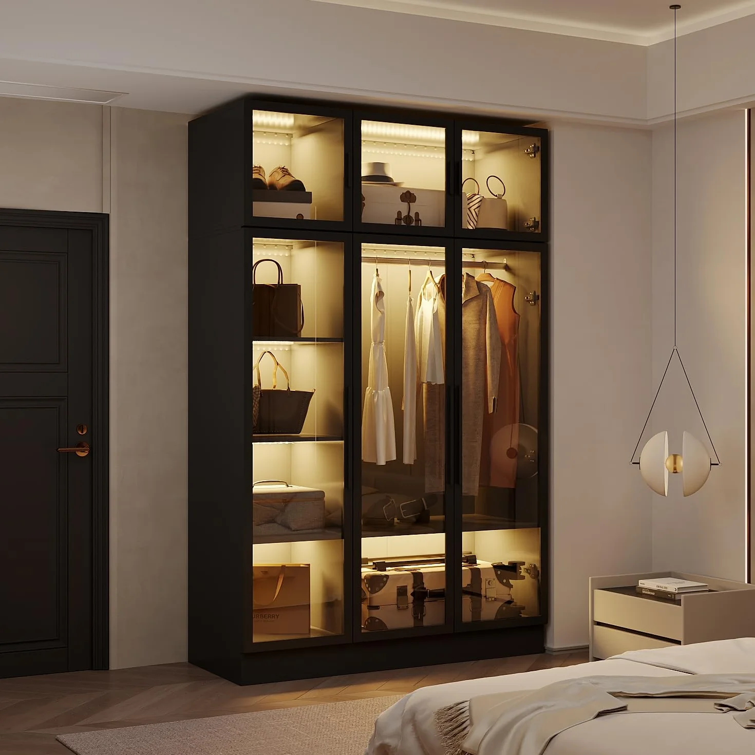Armoire vitrée avec tringle à vêtements 190cm Vitrine avec 3 éclairages LED Armoire de rangement en verre trempé Vitrine en verre avec 6 portes 5 étagères cadre de porte en fer 120x48x190cm Noir
