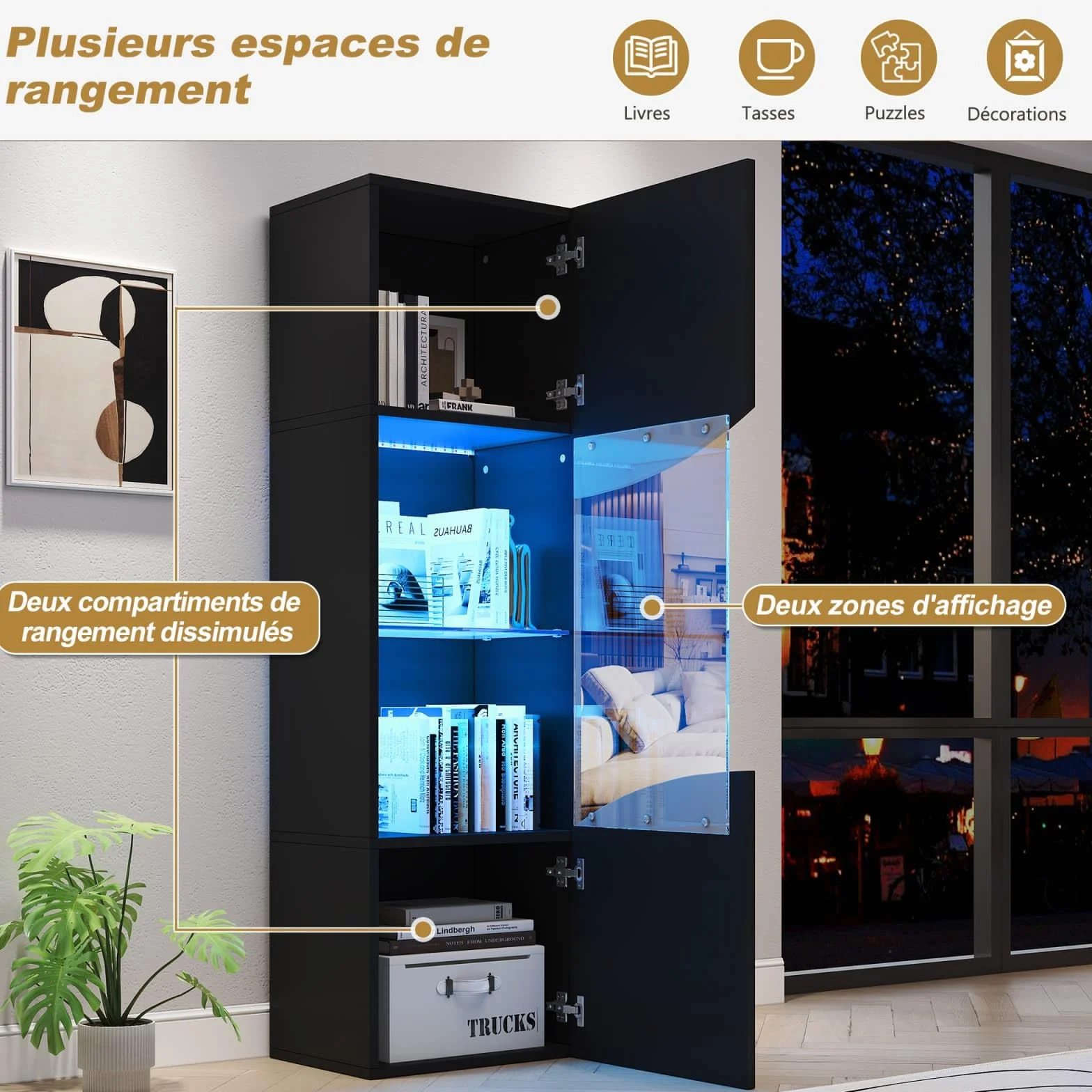 KOMHTOM Armoire Vitrine LED 35x50x165cm, Meuble Exposition Mural avec Éclairage USB, Design Contemporain pour Salon Bureau, Panneau Particules Noir Haut-Brillant(35x50x165cm)