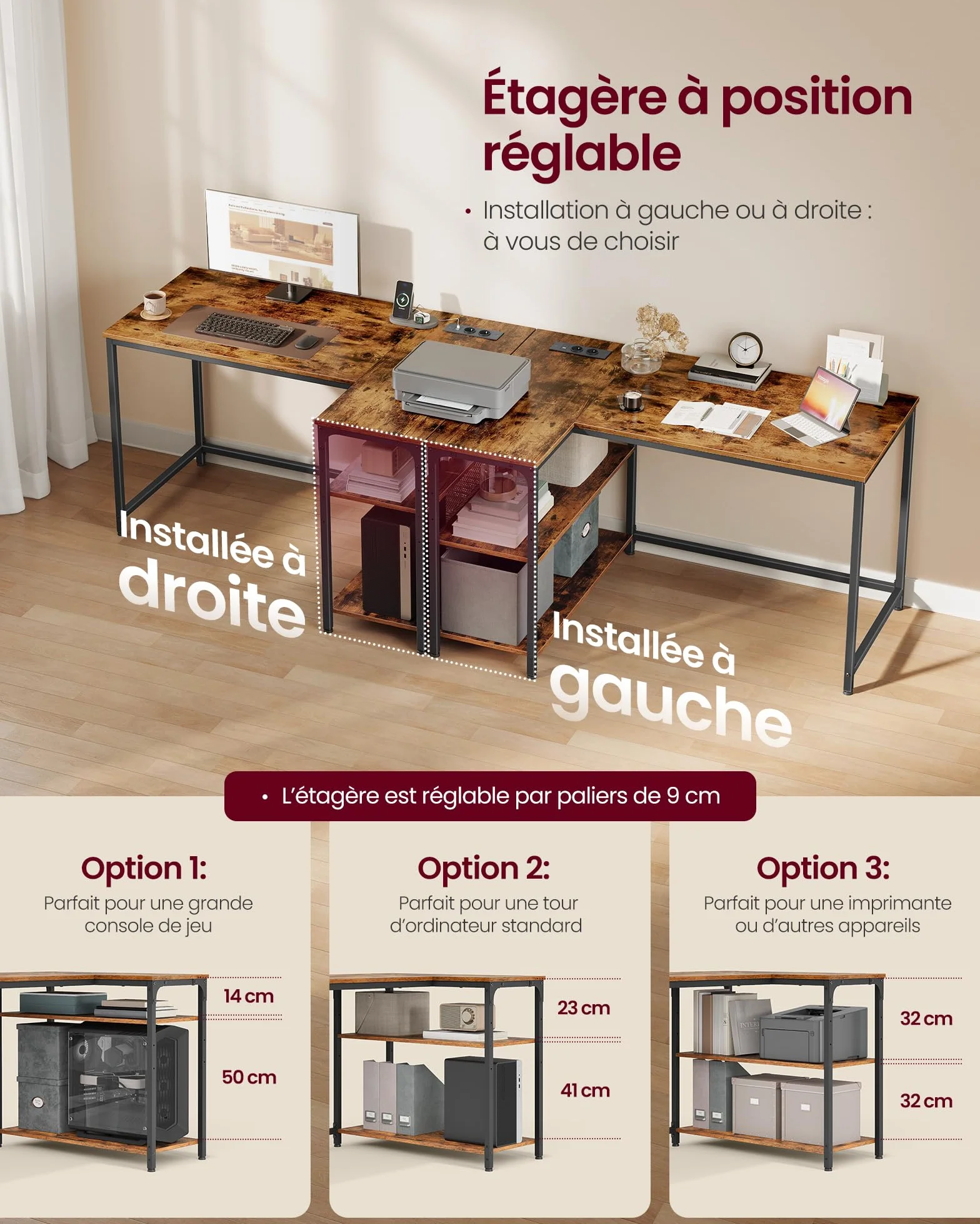 VASAGLE Bureau Gaming en L avec Rangement, Prises et Ports USB, 110 x 80 cm, Marron Rustique