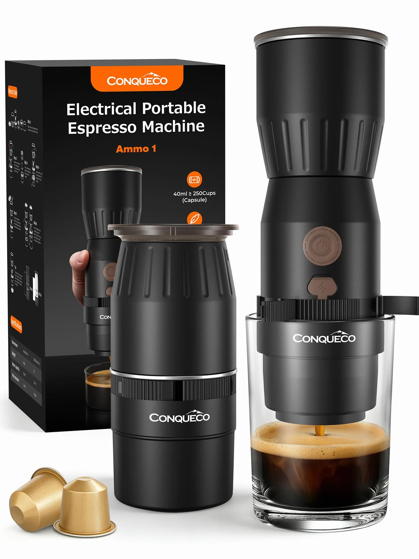 CONQUECO Machine à Café Portable Électrique 20 Bars, 160ml, Pompe Pression Batterie, Compatible Capsule et Café Moulu, USB-C Rechargeable pour Camping Voyage Bureau (Non auto-chauffant) (Noir)