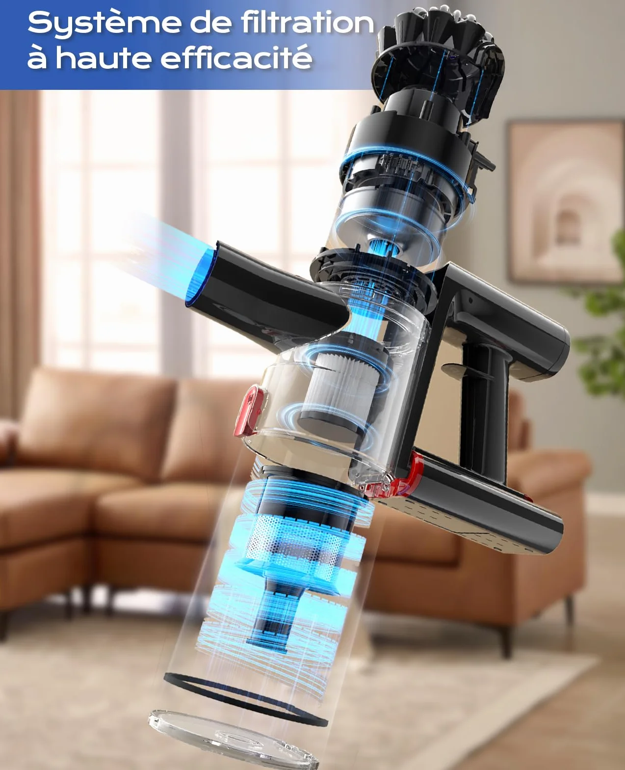 Aspirateur Balai sans Fil, 50Mins/40KPA/450W Aspirateur sans Fil, Aspirateur Balai avec LED Verte, Aspirateur avec Brosse à Plancher Améliorée, pour Tapis, Sols Durs, Poils d'animaux, Bleu