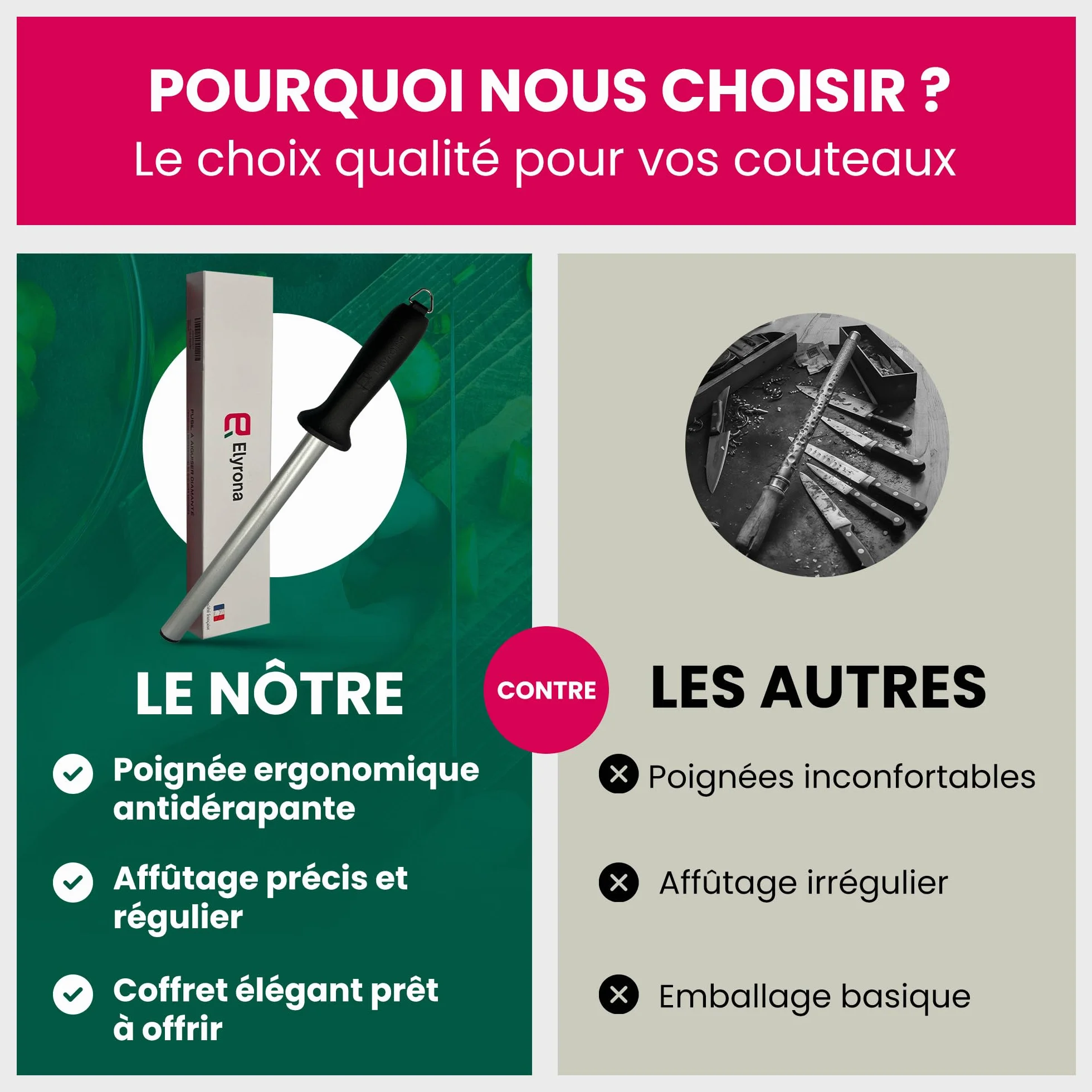 Fusil à aiguiser diamant professionnel 25 cm - aiguiseur couteaux pro - compatible tous couteaux de cuisine