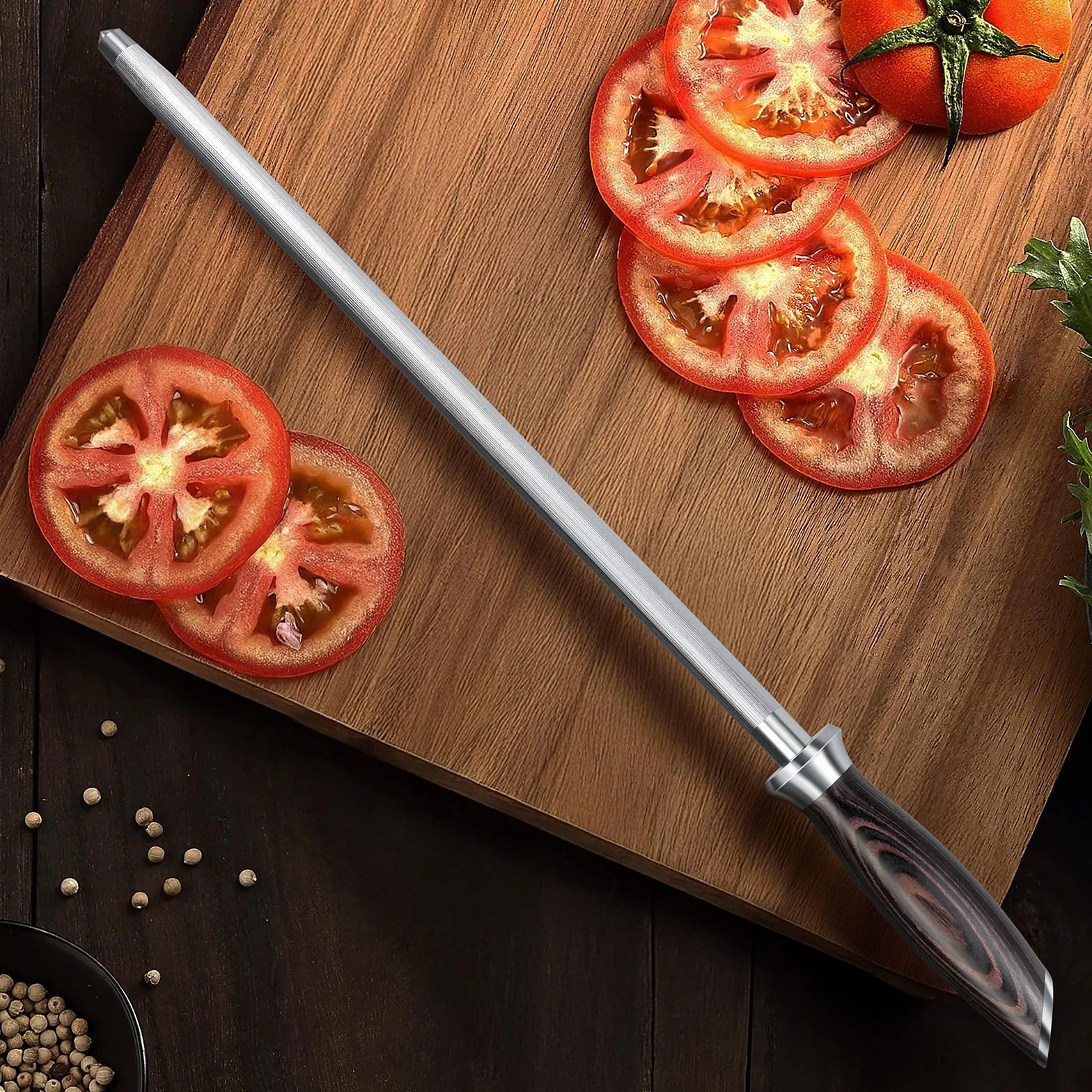 HOSHANHO Fusil à Aiguiser Professionnel 30 cm, Aiguiseur Couteaux de Cuisine avec Manche en Bois de Pakkawood