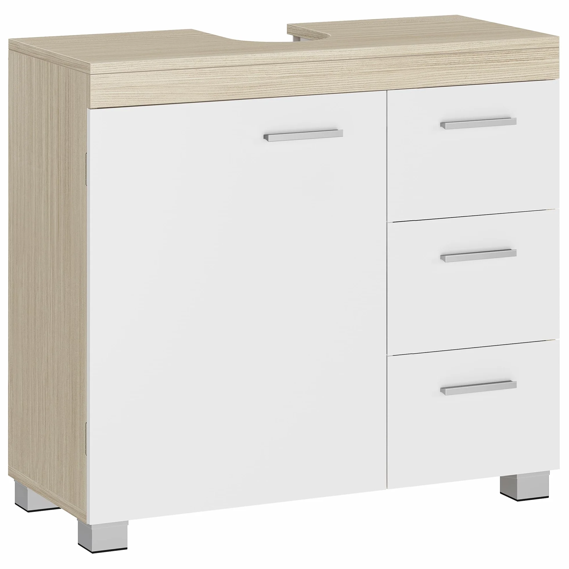 VASAGLE Meuble sous lavabo, Meuble de Salle de Bain, 3 Tiroirs Latéraux, 2 Cases derrière la Porte, pour Lavabos sur Colonne, avec Pieds, 30 x 70 x 64 cm, Blanc Nuage et Beige Naturel BBK504K01