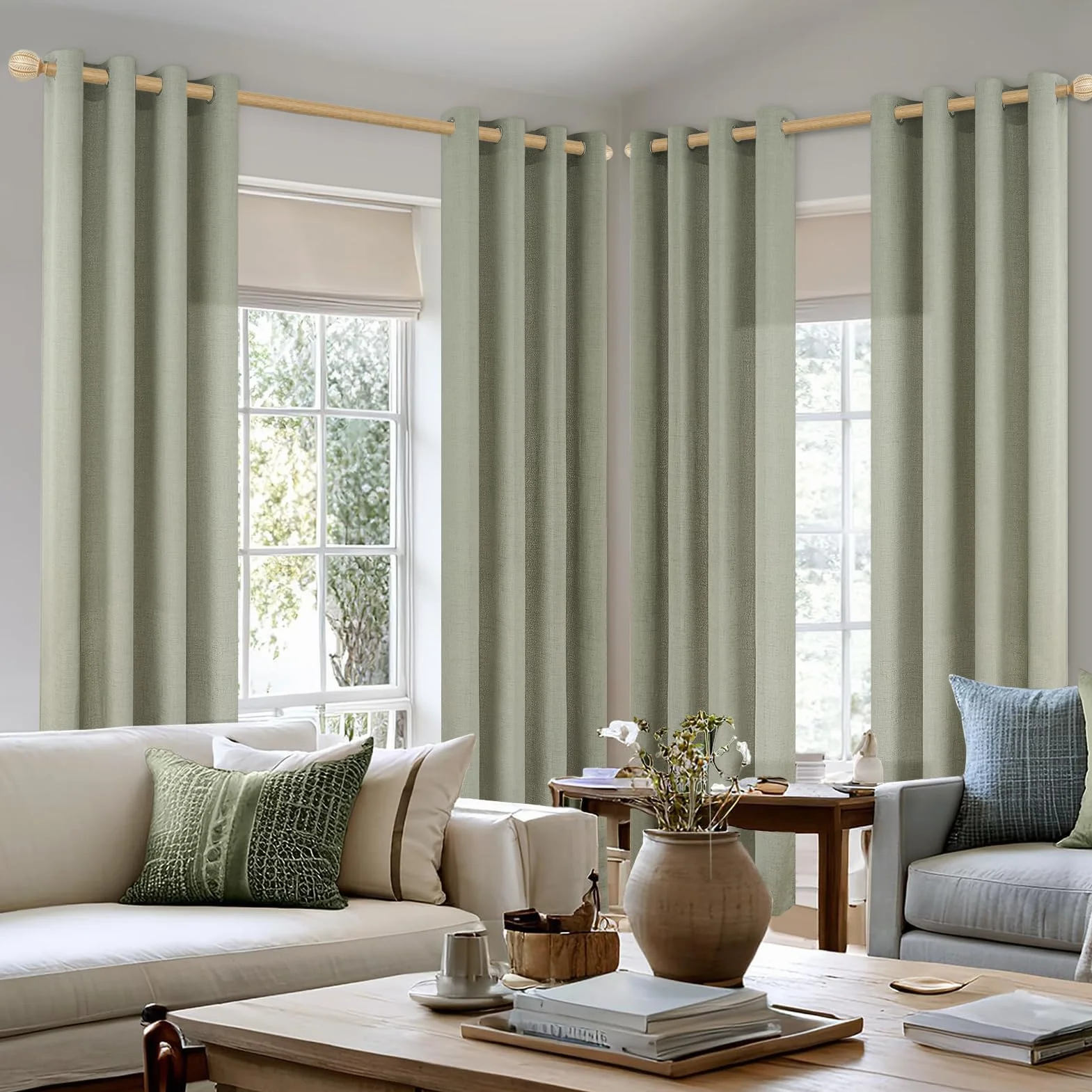 CUTEWIND Rideaux Voilage en Lin Vert Sauge Courts 140x145 CM, Rideau Voilage Fenetre Baie Vitrée Translucide à Oeillets, Rideau Voile Effet Lin pour Salon Chambre Cuisine, 2 Pièces