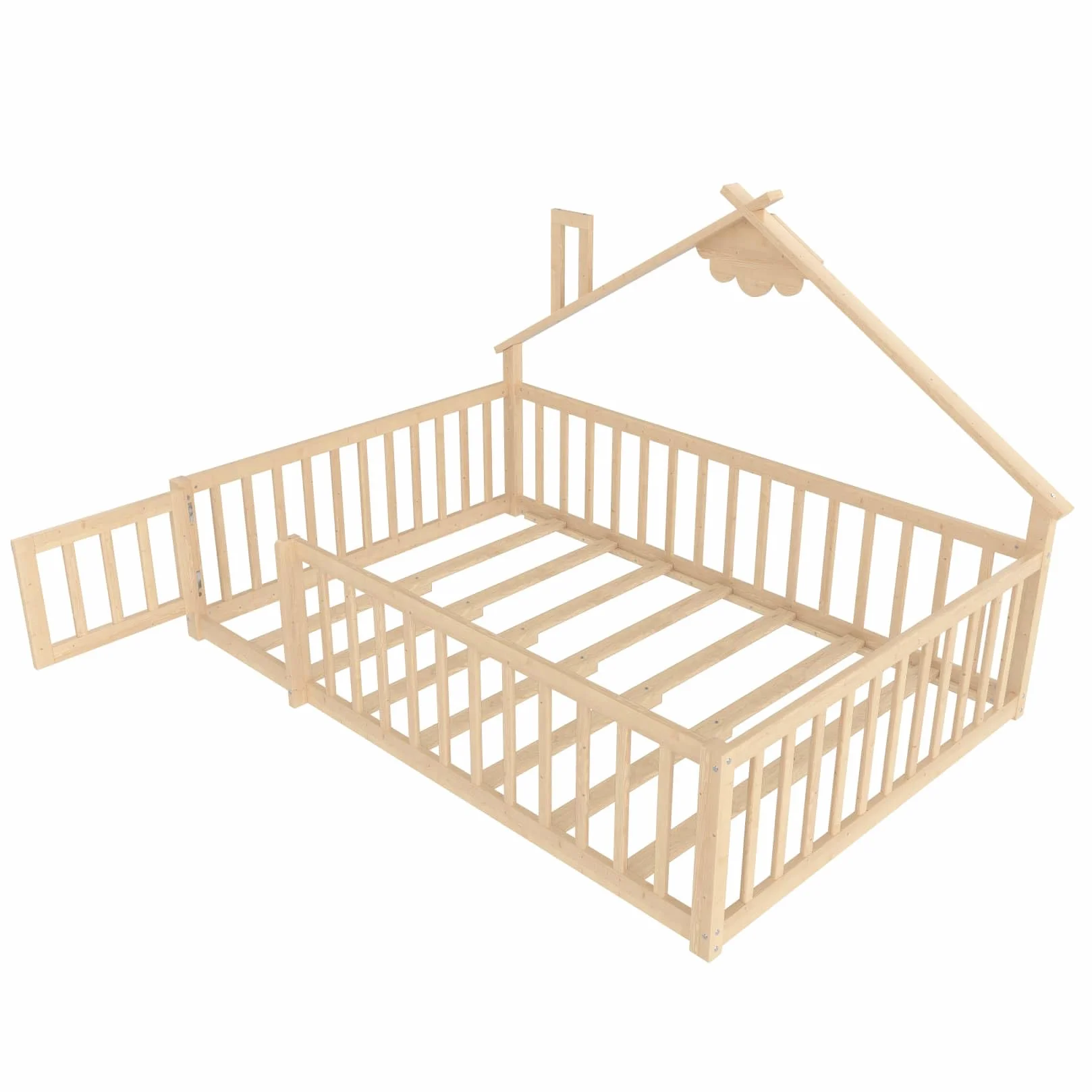PUGSDRLY Lit Cabane Enfant 140x190cm avec Barriere et Serrure,Lit Montessori au Sol avec Sommier à Lattes,Cadre en Bois de Pin pour Enfant,sans Matelas (Naturel, 140x190)