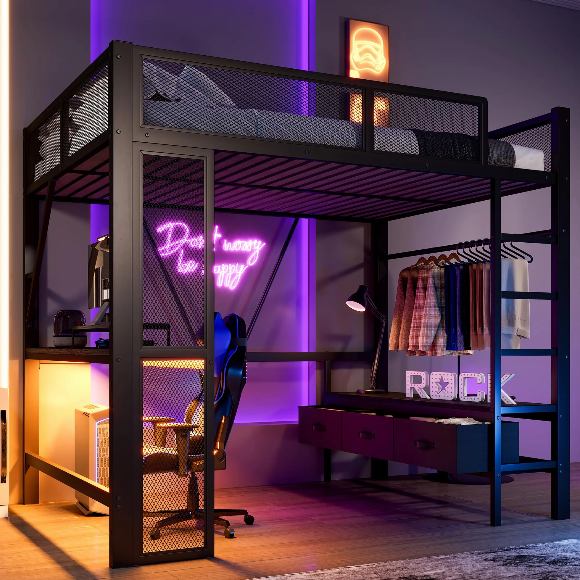 Sapgaks Lit Mezzanine 2 Places 140x200 avec LED et USB, Lit Enfant en Métal avec Bureau et Armoire Ouverte, Lit Mezzanine Enfant avec 3 Tiroirs à Linge, Lit 140x200 avec Rambarde, Noir